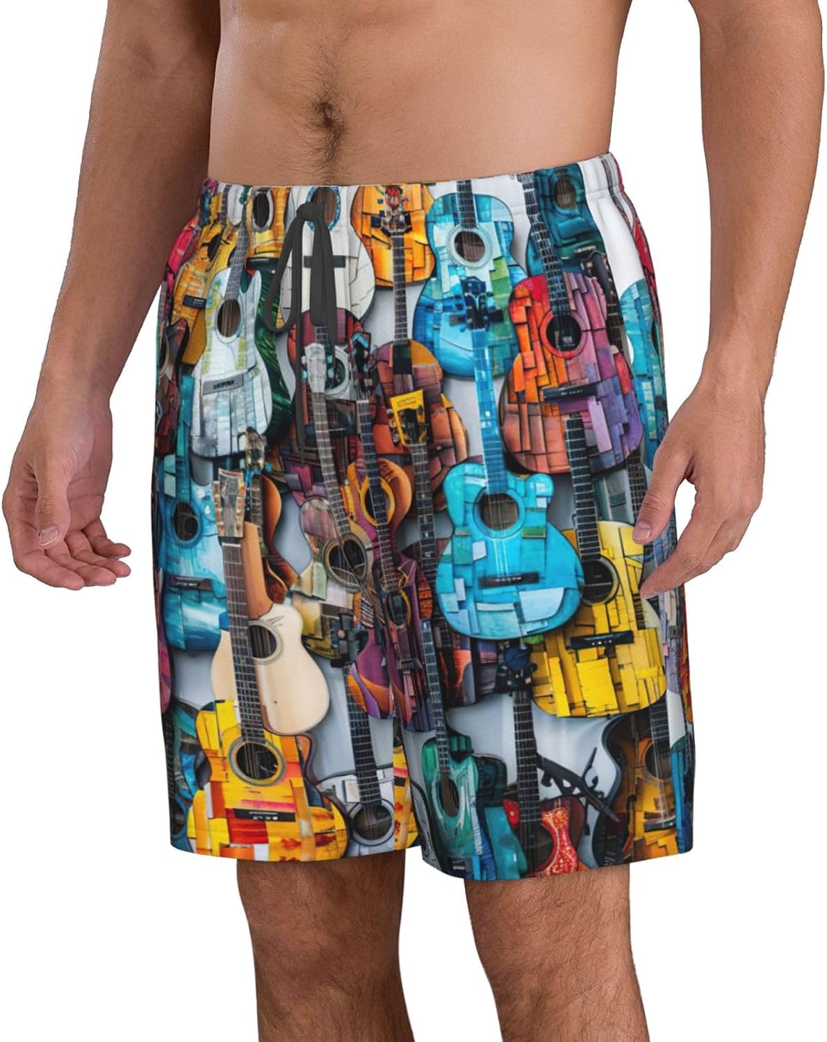 Color Acoustic and Guitars Print Men's Quick-Drying Shorts Casual Beach Pants Stretch Waist Shorts and Pockets