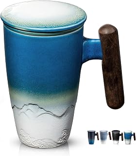 Tomotime - Taza de té de cerámica con infusor y tapa, 400 ml, mango de madera, color azul cian
