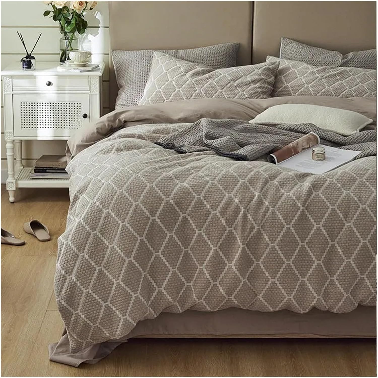 100% Cotton Yarn-Dyed Diamond Jacquard Blanket Cover Set Double Queen King 4Pcs Soft Boho Comforter Cover Bed Sheet Pillow Shams,Bed