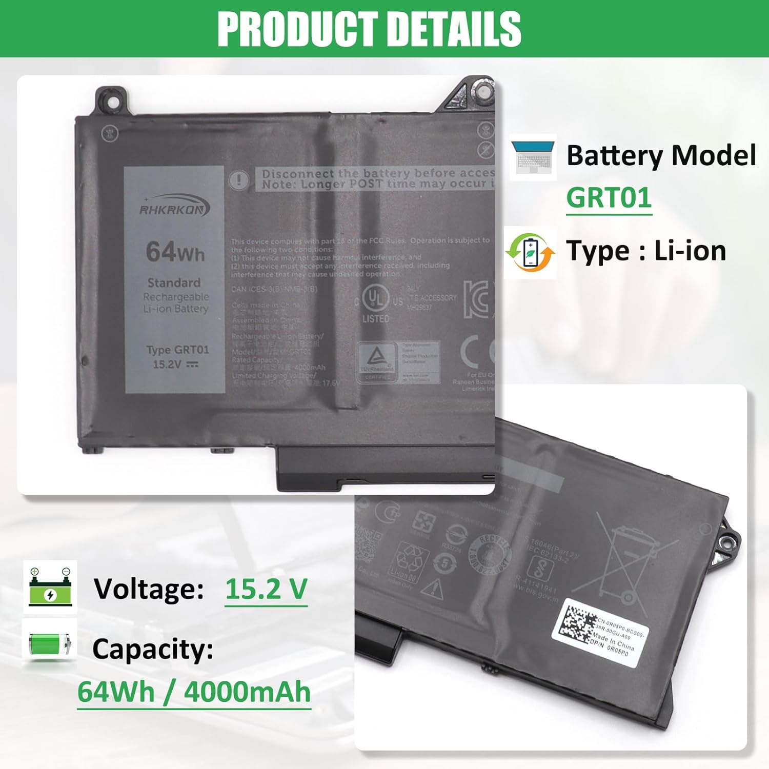GRT01 Laptop Battery Replacement for Dell Latitude 14 5421 5431 15 5521 5531 Precision 3470 3561 3571 Alienware m17 R5 AMD Series Notebook 00P3TJ 0P3TJ 0R05P0 R05P0 05RGW 15.2V 64Wh 4000mAh