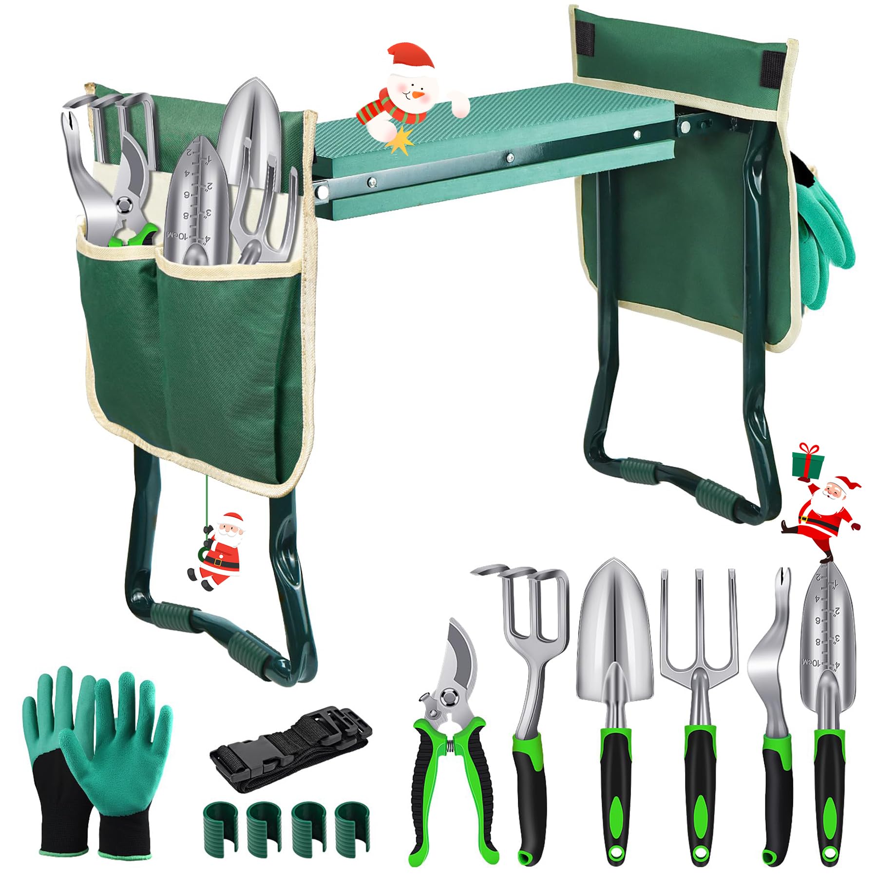 MENOLY Garden Kneeler and Seat, Folding Stool with Kneeling Pad, Bench with 6 Garden Tools, Tool Pouches, Glove, Detachable Belt - Gardening Gift for Women, Men, Mom, Parents, Elders