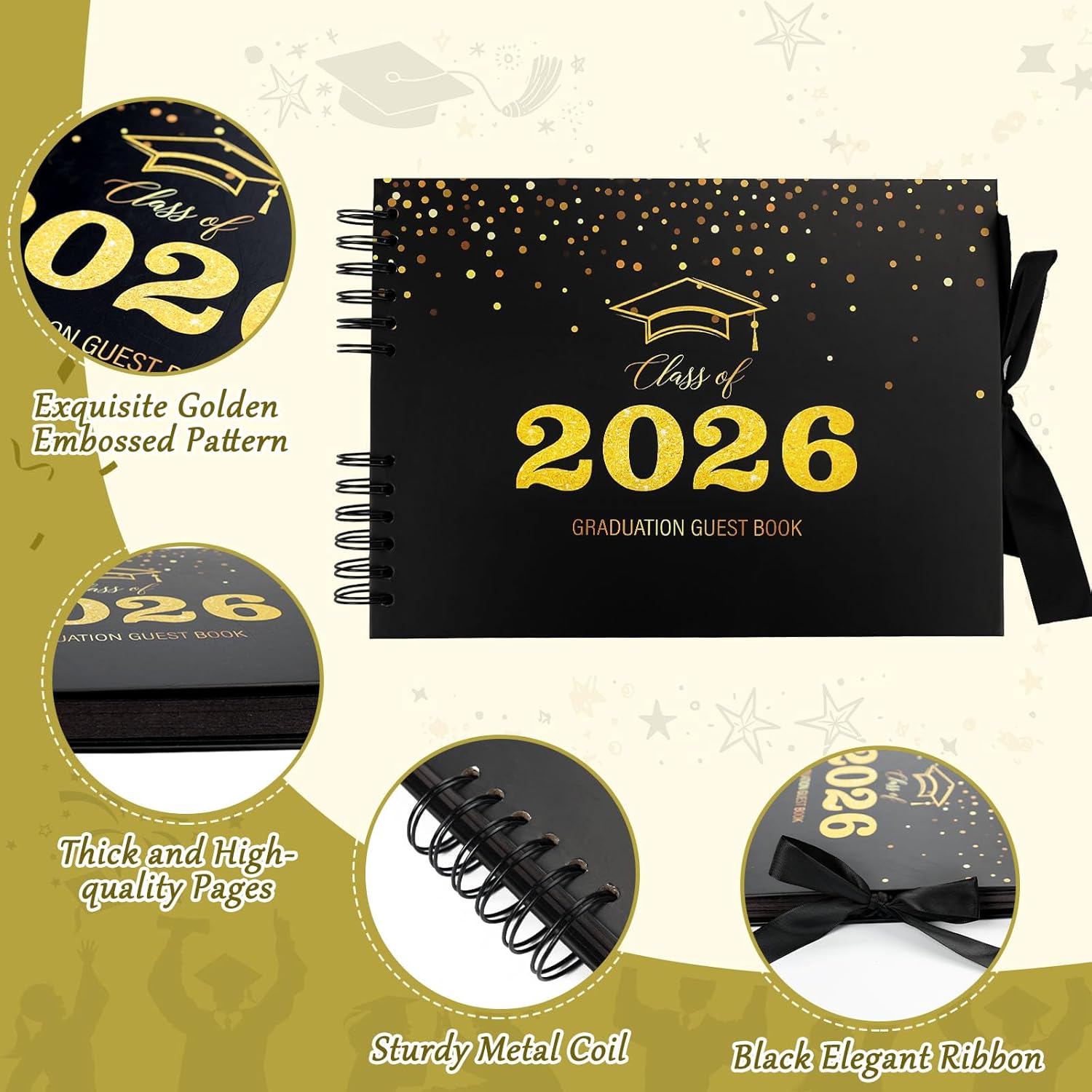 2026 Graduation Guest Book with Photo Guest Book Sign, 80 Pages Graduation Signature Book with DIY Kit, Memory Scrapbook Photo Album for Grad Party (Class of 2026,Black, Gold)
