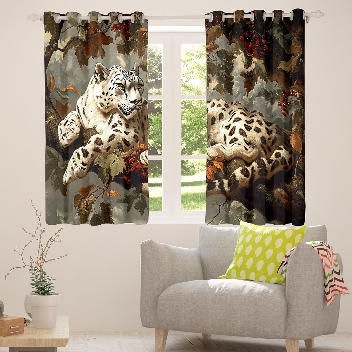 White Brown Leopard Window Curtain,Tropical Berry Fruits Leaves Tree Curtains for Kids Teens Adult Room Decor,Wild Animals Plants Window Treatment Curtain Watercolor Retro Window Drapes,38Wx45L