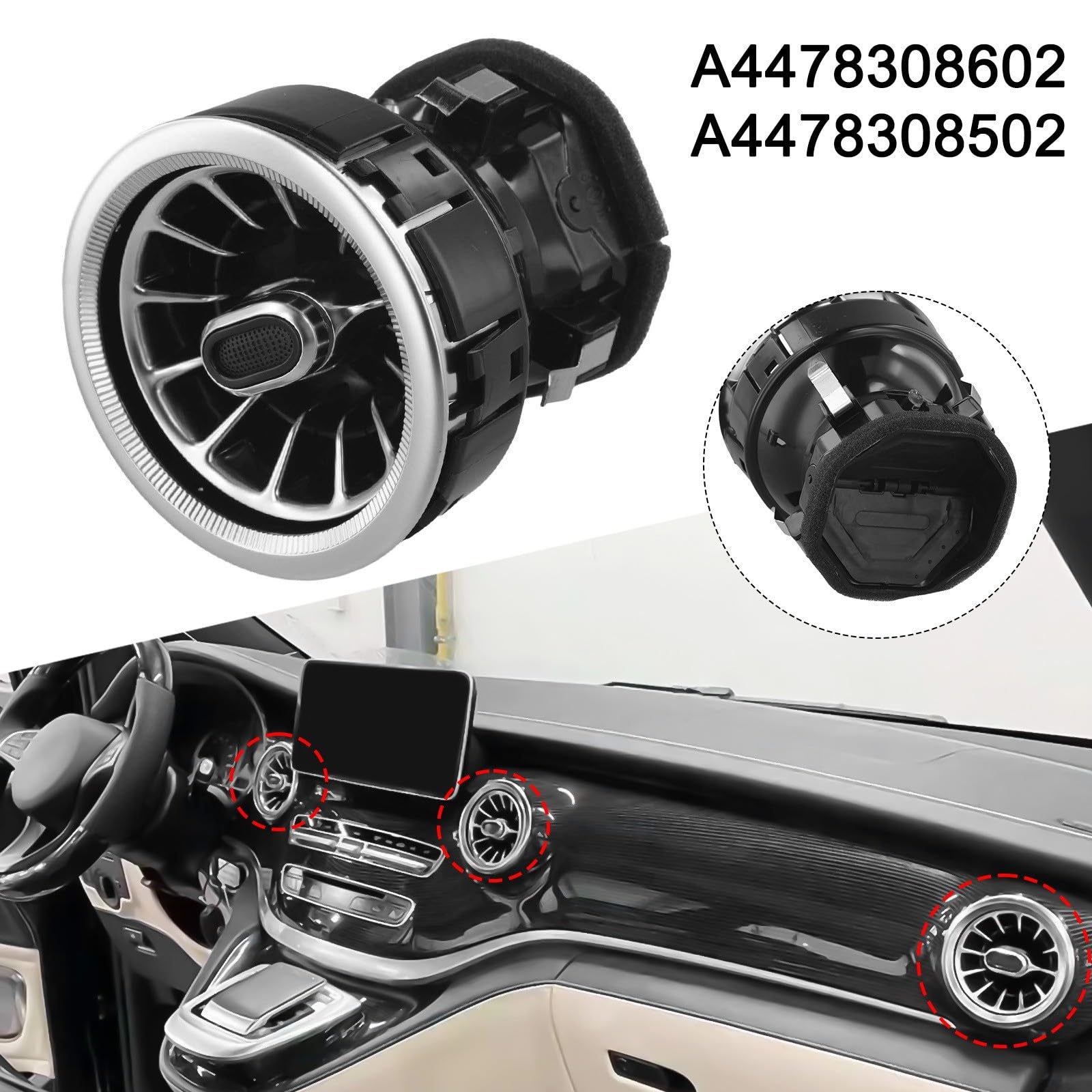 Sortie climatisation pour Mercedes-Benz Classe V W447 Vito V250 V260 2014-2021 Buse d'aération Noir/Argent en ABS Pièce détachée A4478308602 A4478308502 Installation directe tableau de bord avant