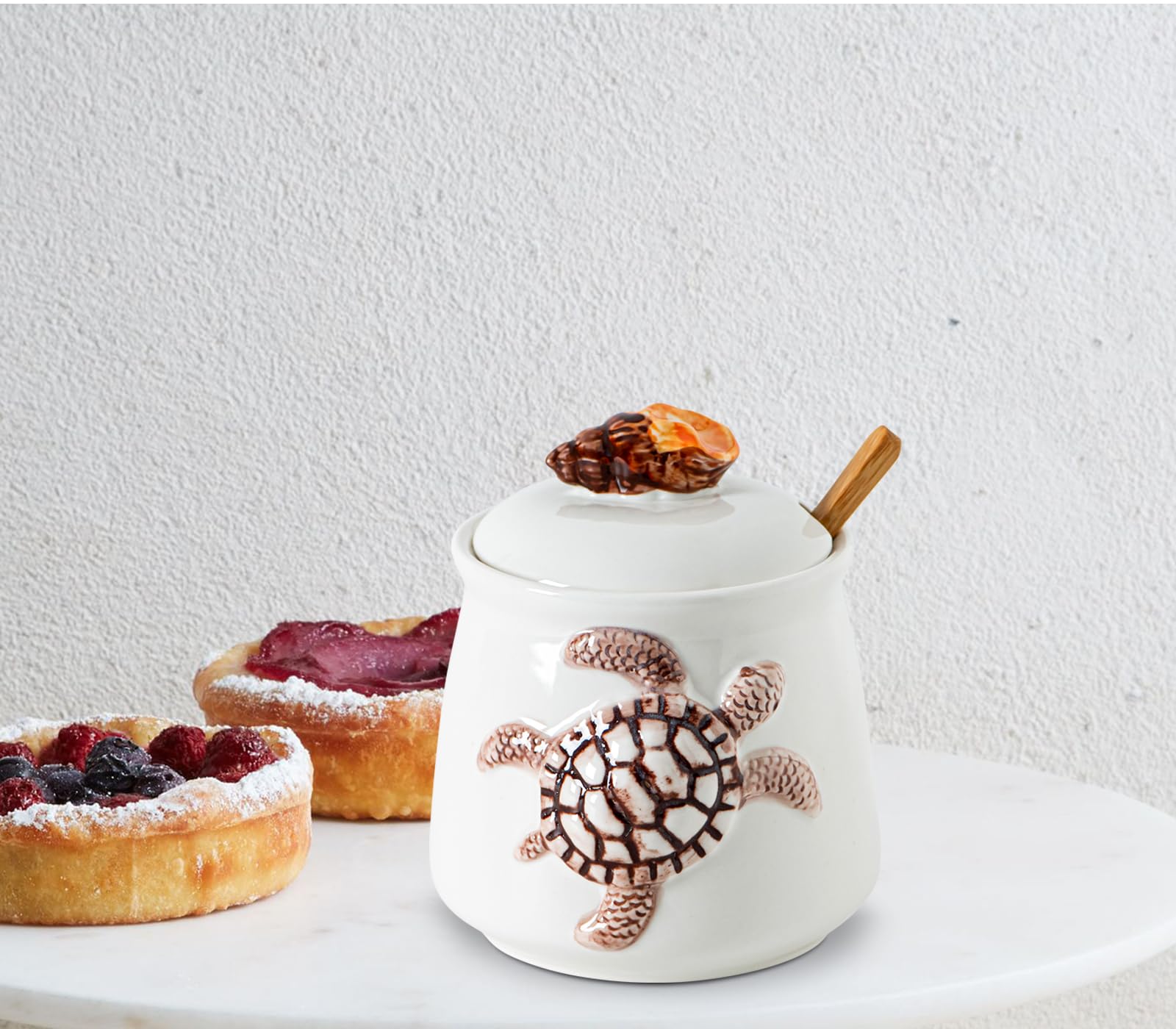 dgudgu Azucarero de tortuga con tapa, tarro de azúcar de cerámica con tapas de caracola, contenedor de azúcar con cuchara, plato de azúcar blanco con tapa y cuchara, soporte para azúcar