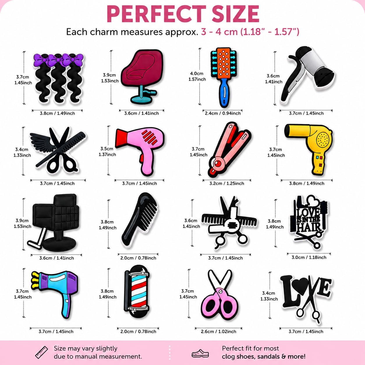 16PCS Hair Stylist Shoe Charms Set, Salon Beauty Hairdresser Cosmetology Shoe Decoration Charms with Scissors, Comb, Hair Dryer and Styling Tool Designs for Clog Sandals and DIY Accessories