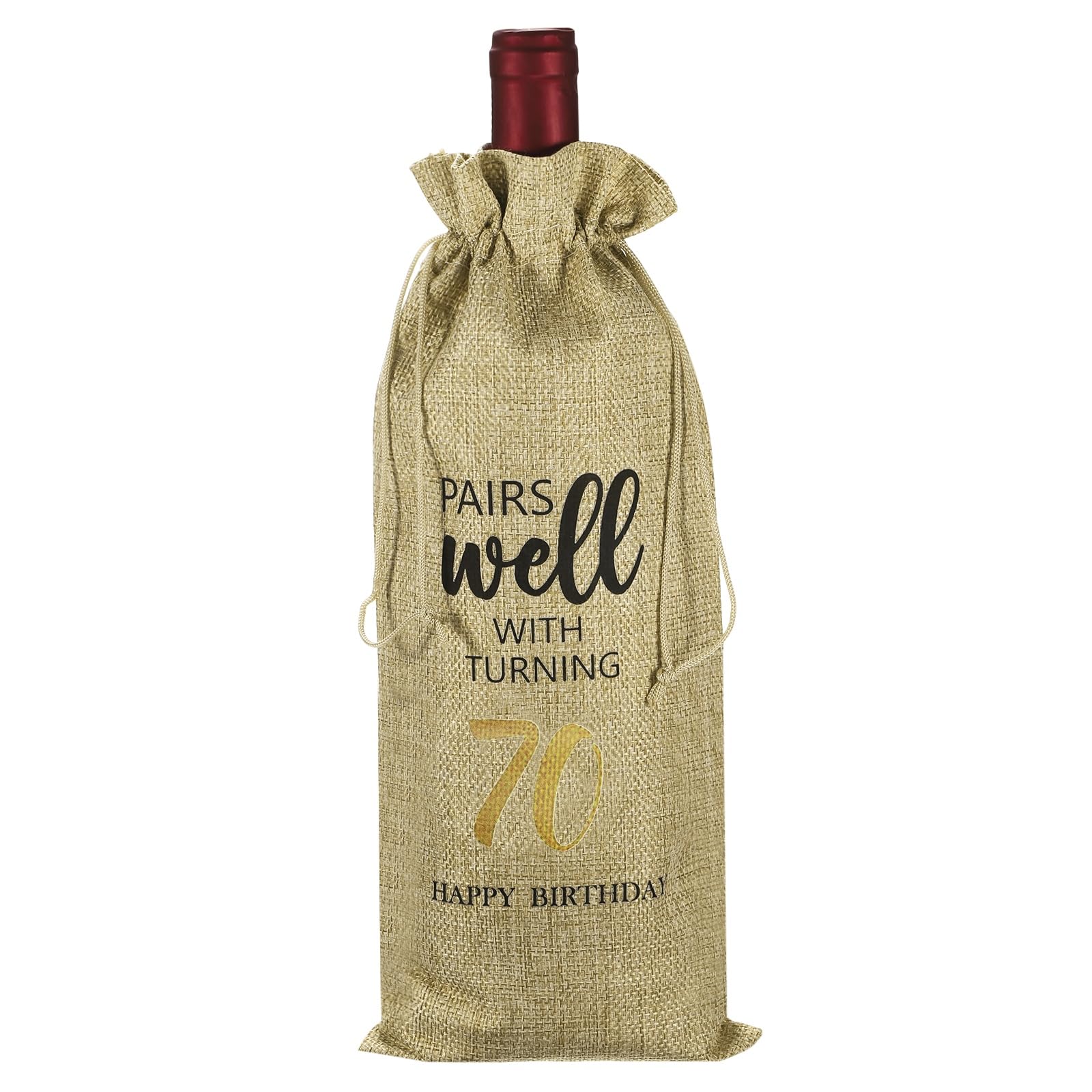 PATIKIL 6 x 14 Inch 70th Birthday Gift Wine Bottle Bag, 1 Pack Reusable Decorations Wine Bag with Drawstring for Friends Shower Favors Party, Beige