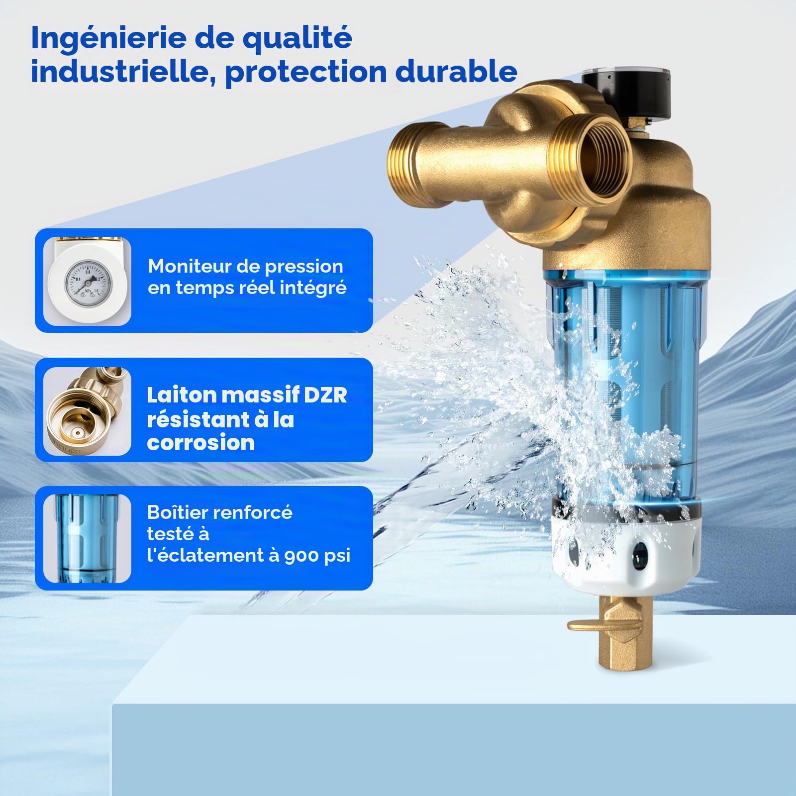 iSpring WSP50GR-E Filtre à Eau à Sédiments Réutilisable 50 Microns avec Grattoir Intégré, Tête Pivotante à 360°, Manomètre, Bleu… (WSP50GR-E)