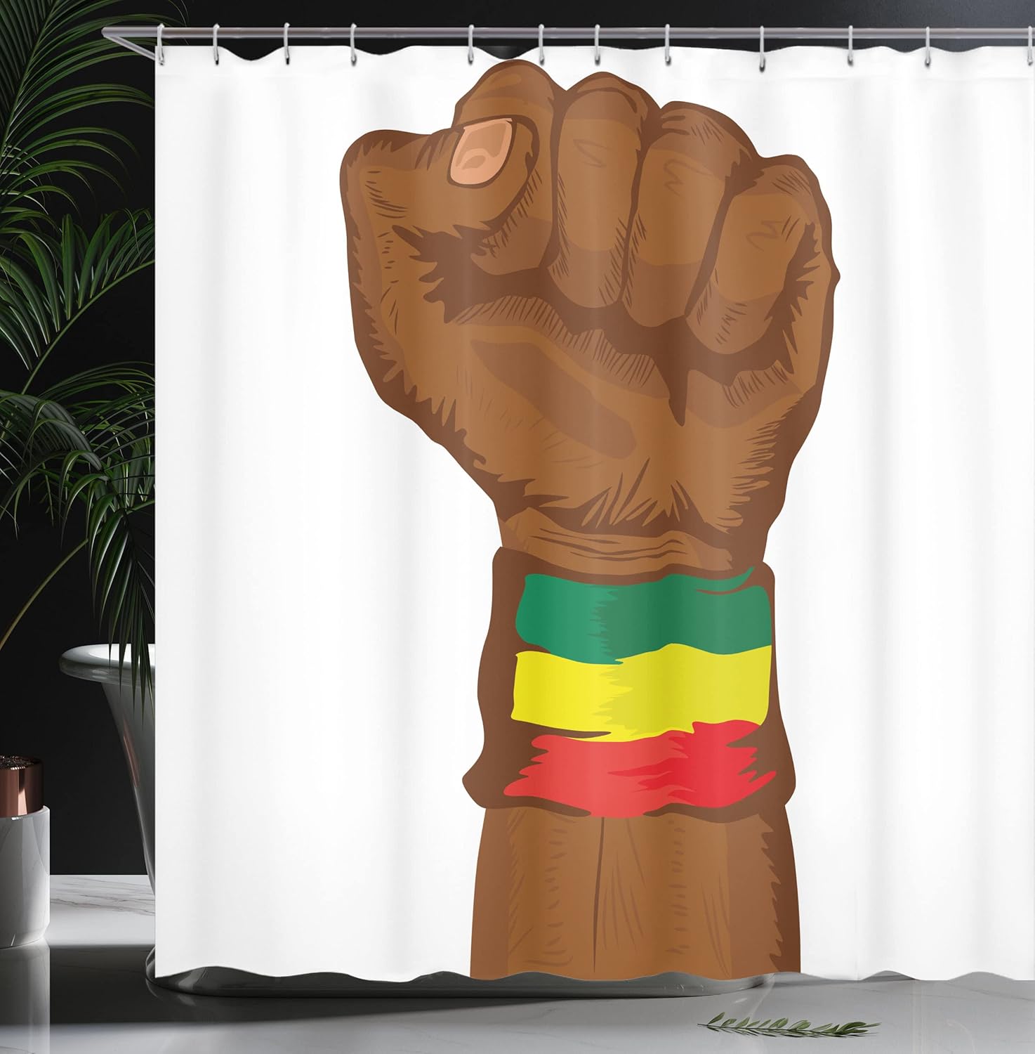Ambesonne Rasta Shower Curtain, Ethiopian Rebellion Wrist Flag Colors Art Print, Cloth Fabric Bathroom Decor Set with Hooks, 69" W x 75" L, Yellow Brown