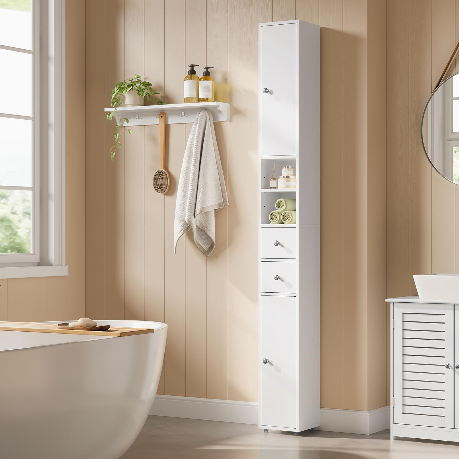 EUGAD Armadio Alto da Bagno, Mobiletto da Bagno, Colonna Bagno Stretta, 20 x 20 x 180 cm, Mobiletto Salvaspazio Stretto, con Ripiani Regolabili, per Spazi Ridotti, Soggiorno, Corridoio, Bianco