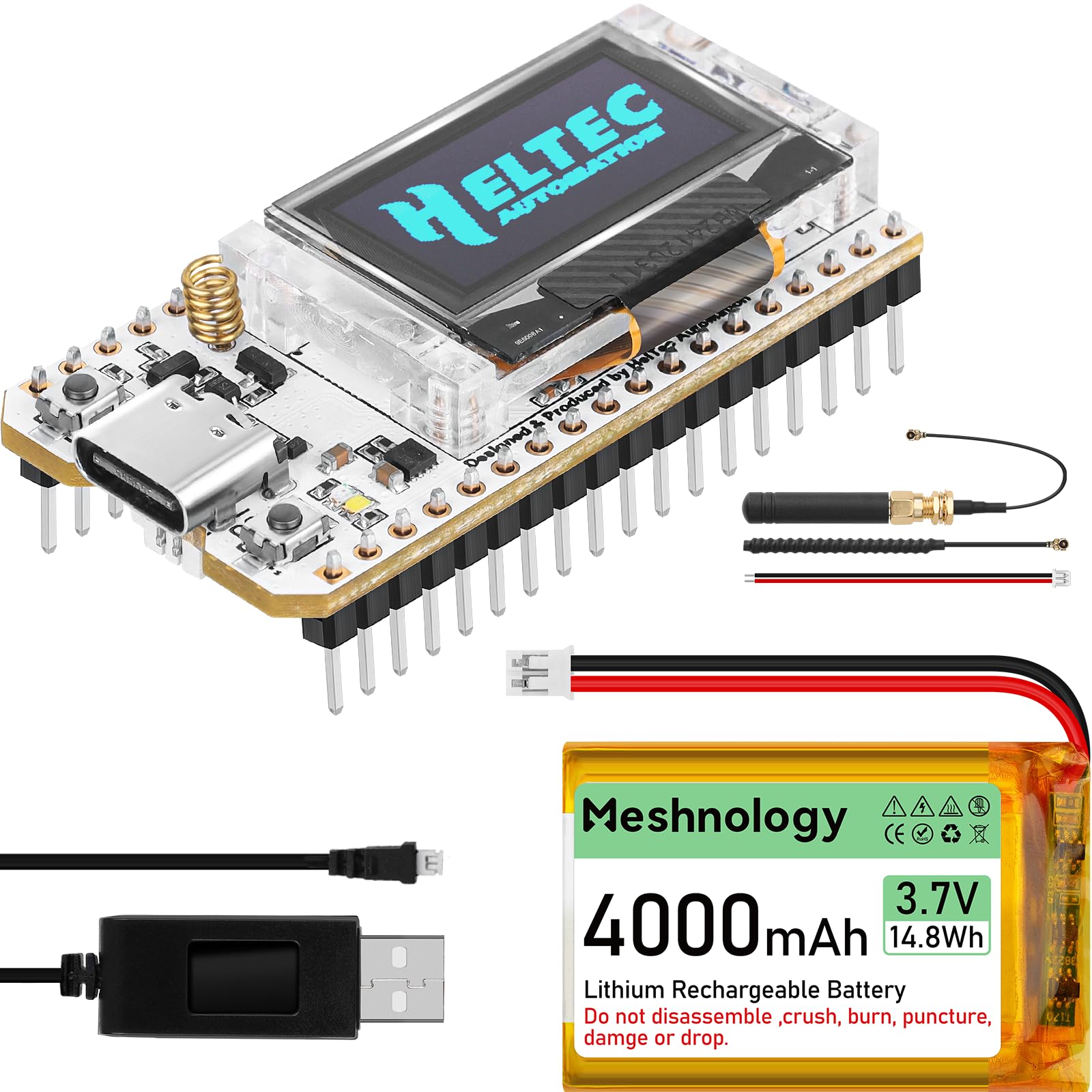 Meshnology ESP32 LoRa V3 Development Board + 4000mAh Battery + USB Charger Cable Set - with 915MHz Antenna WiFi Bluetooth and SX1262 LoRa V3 Devices
