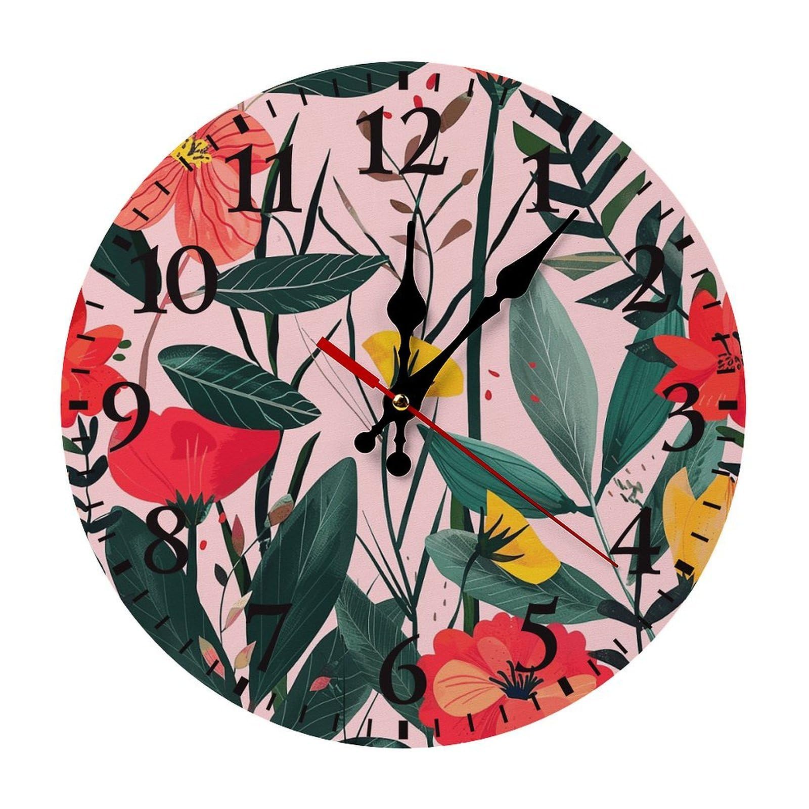 NTVOWPZO 10 Inch Wall Clock Peach with Flowers Battery Operated Wall Clocks Silent Non-Ticking Round Wall Clock for Living Room Kitchen Home Office Wall Decorative Clock