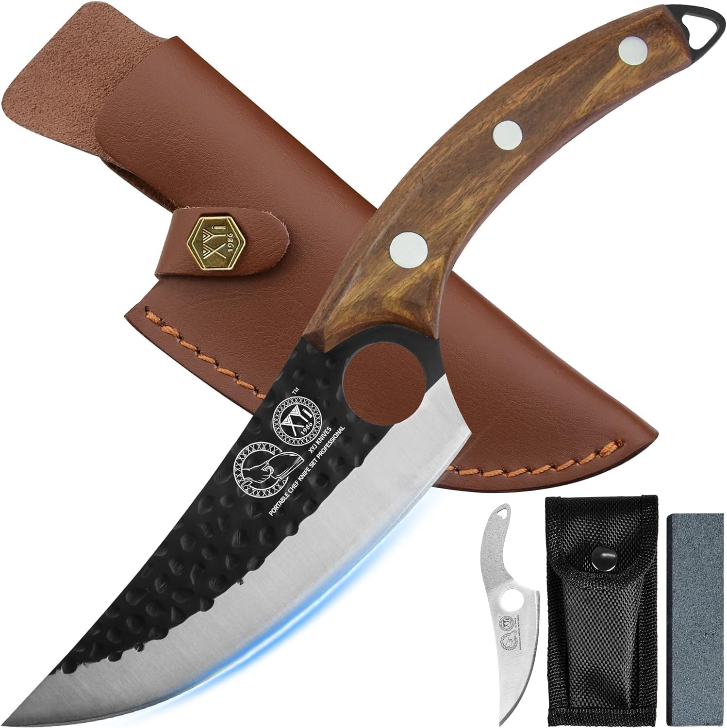 Full Tang 6 Inch Stainless Steel Boning Knife Chef Fishing Knives Carry Leather Sheath Outdoor Cooking Knives Meat Butcher Knife for Camping Kitchen or Outdoor BBQ