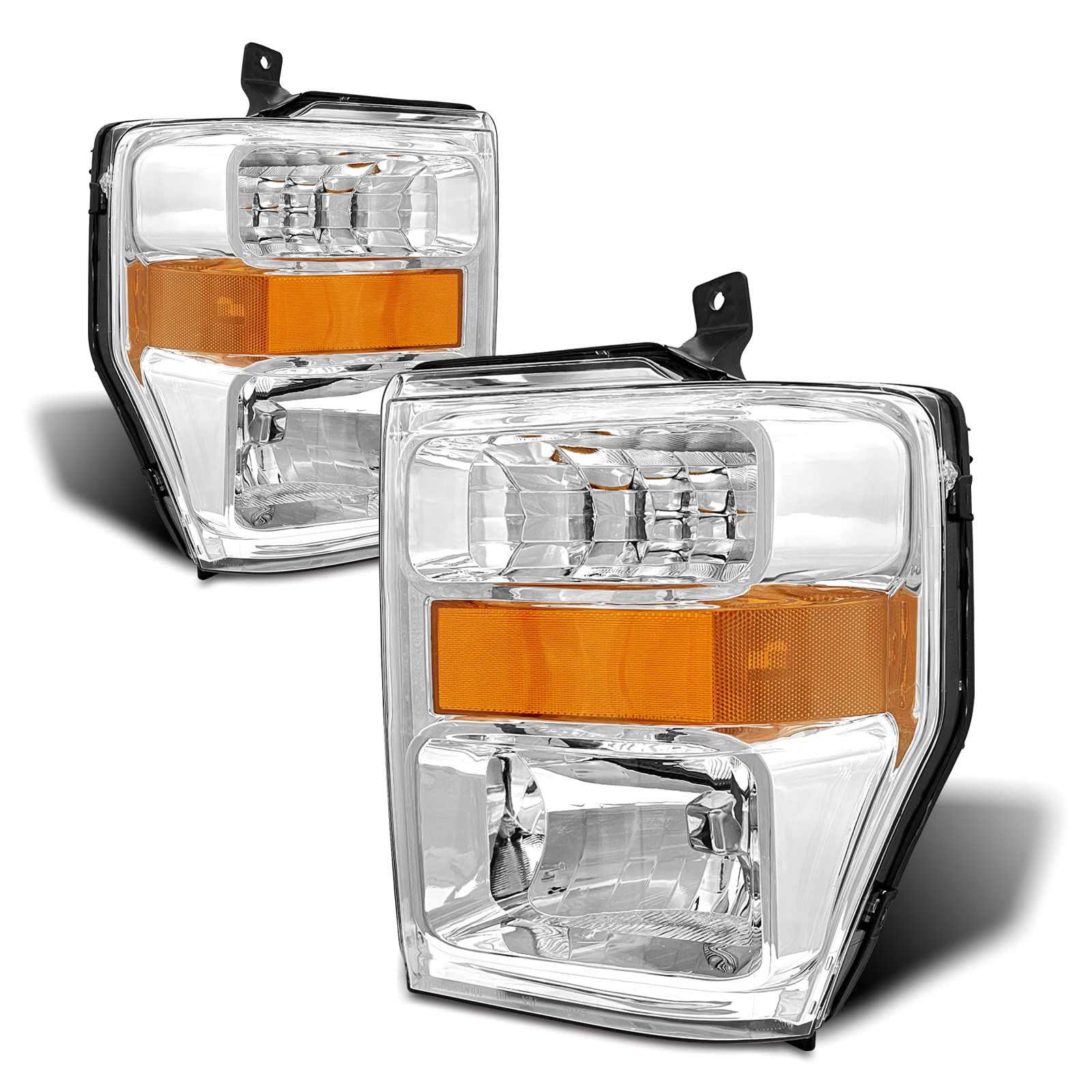 AS Headlight Assembly Compatible with 2008 2009 2010 Ford F250/ F350/ F450 Super Duty Chrome Housing Amber Reflector Driver and Passenger Side