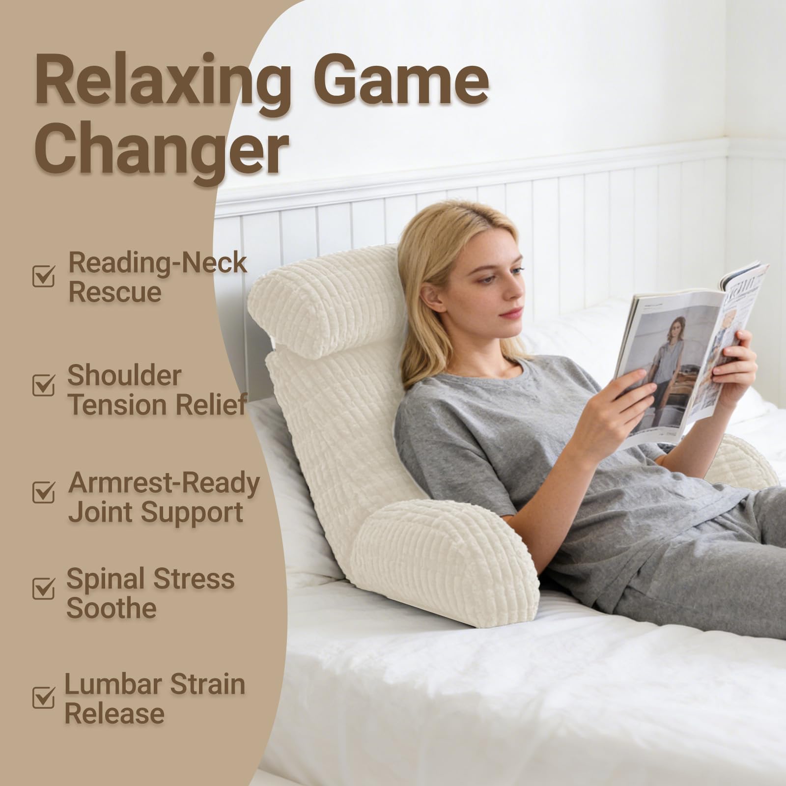 Coussin de Lecture pour Lit et Canapé, 80x55x40cm Oreiller de Lecture Dossier de Lit avec Accoudoirs, Oreiller Cervical et Poches de Rangement, Coussin Dossier Canapé pour lecture, Détente, Beige