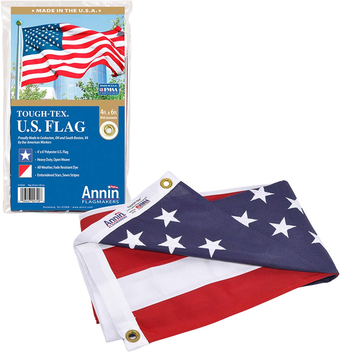 Annin Flagmakers 2720 American Tough-Tex Polyester Flag, 4x6 ft, 100% Made in USA with Sewn Stripes, Embroidered Stars and Brass Grommets