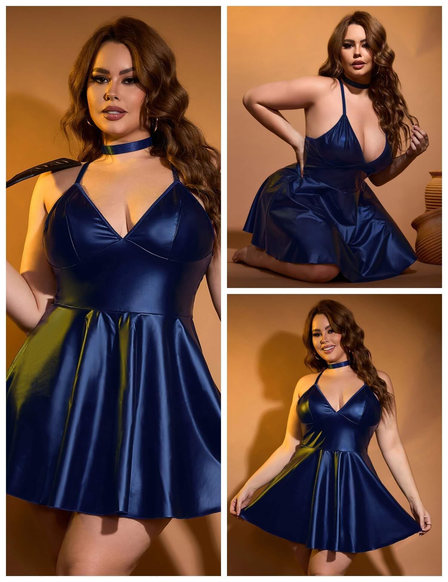 ohyeahlady Vestido Sexy Mujer Corto De Cuero Tallas Grandes Vestidos de Fiesta Elegantes Mini Vestito Sexy Club sin Mangas Ropa Lenceria Hot Trajes Vestir Conjunto Wetlook Ajustado Cóctel