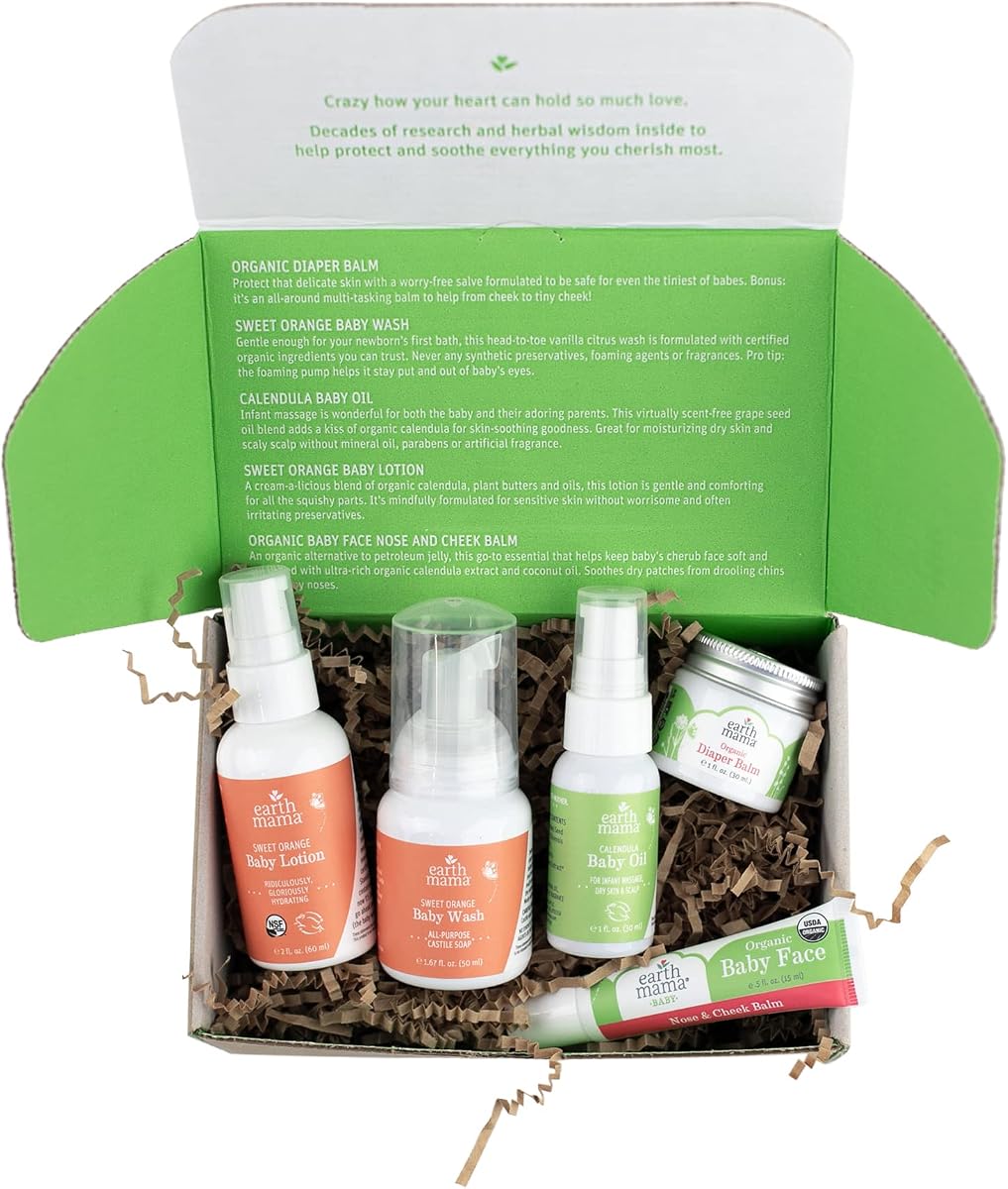 Earth Mama A Little Something for Baby Caja de regalo | Set seguro para el cuidado de la piel Esenciales para recién nacidos para baby shower: bálsamo para pañales, bálsamo facial, aceite de caléndula para bebés, gel de baño para bebés, loción para bebés, 5 piezas
