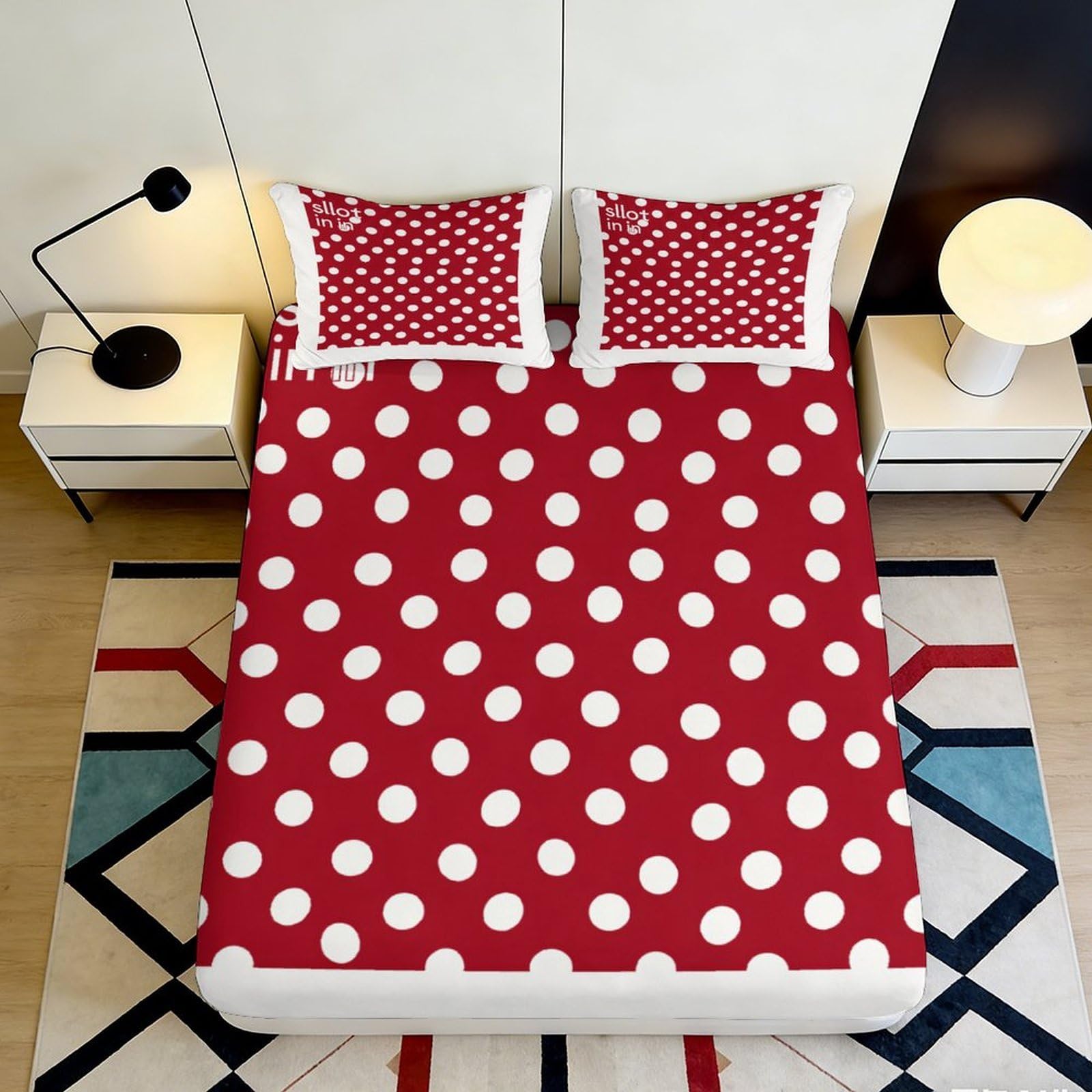 3D Printed Red Polka Dot Fitted Sheet Microfiber Soft Anti-Slip White Spot Bed Cover for Bedroom Dorm Bed Decor 90x200x25cm