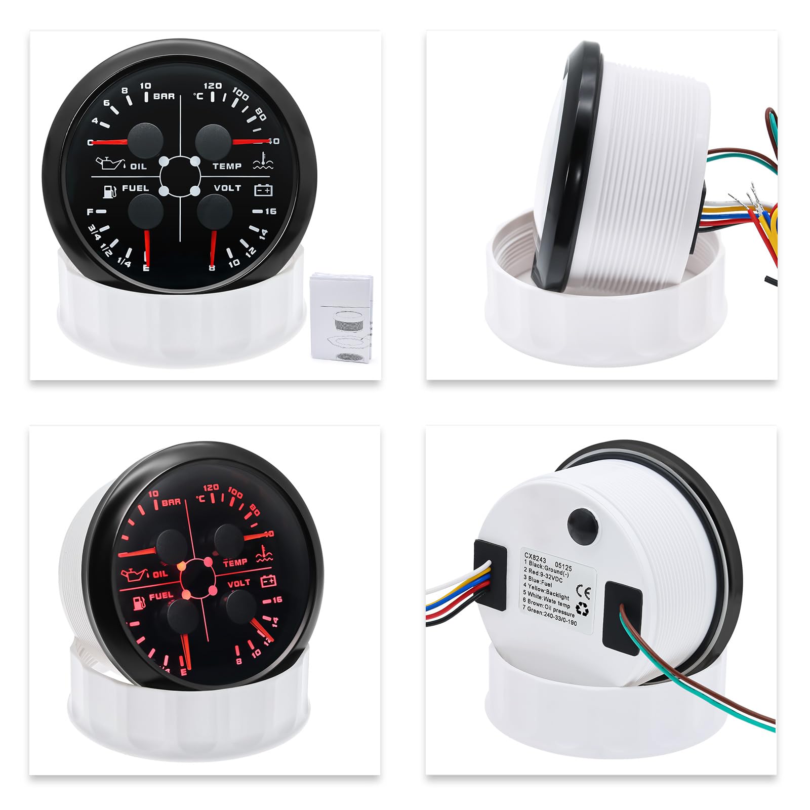 85mm 4in 1 Multifunktionales Messgerät, wasserdichter Kraftstoffstand Öldruck Wassertemperaturmesser für Auto Wohnmobil Boot Motorrad