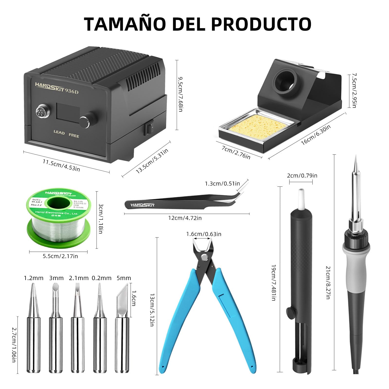 HANDSKIT 65W Estación de soldadura,2 In 1 Soldador Estaño Profesional,soldador de estaño con 5 Puntas de Soldadura,Alambre de Soldadura y Esponja de Limpieza,Rango de Temperatura 180-480℃