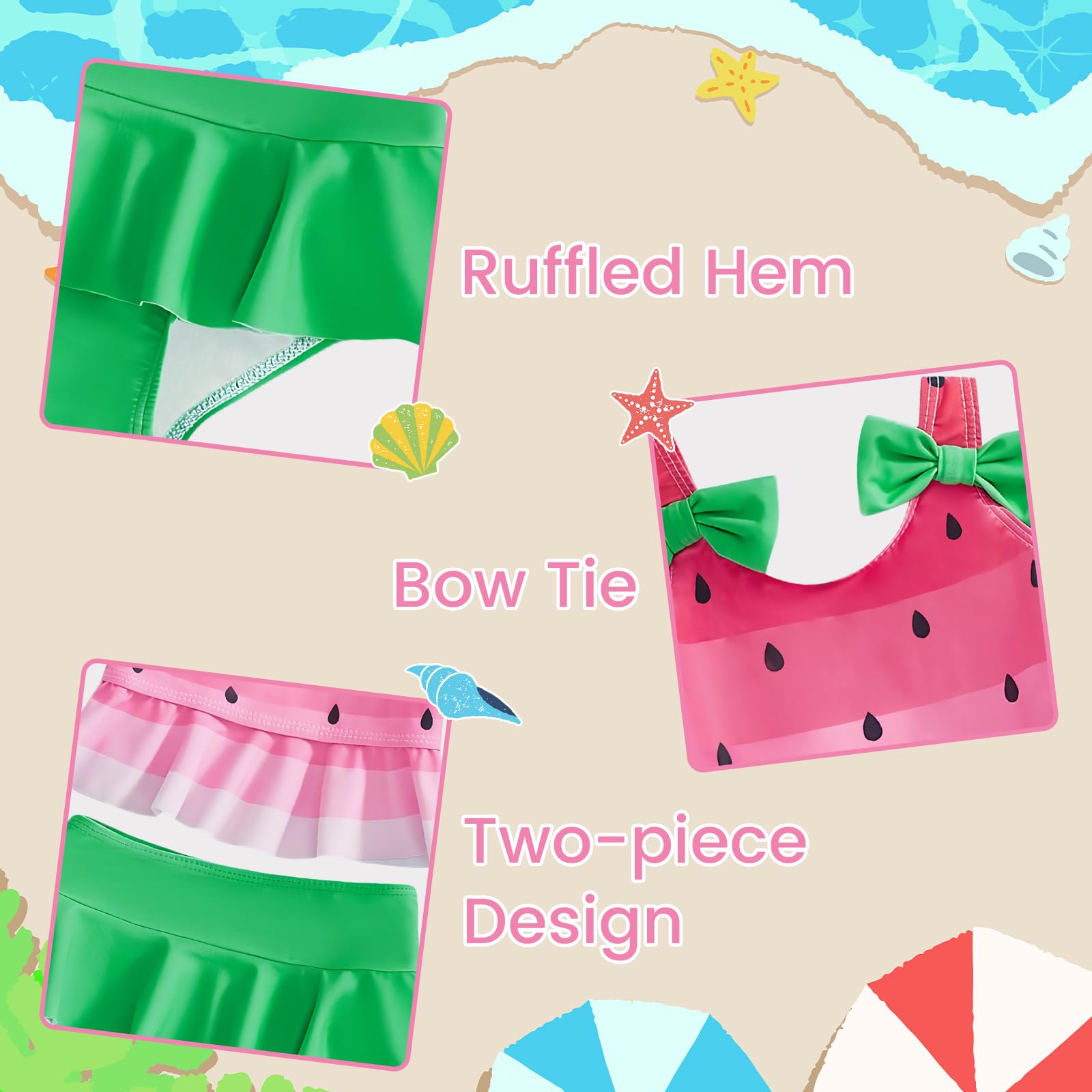 DivingBirds Costume da bagno a due pezzi per bambine con cappello, costume da bagno con volant e fiocco per 3-4 anni