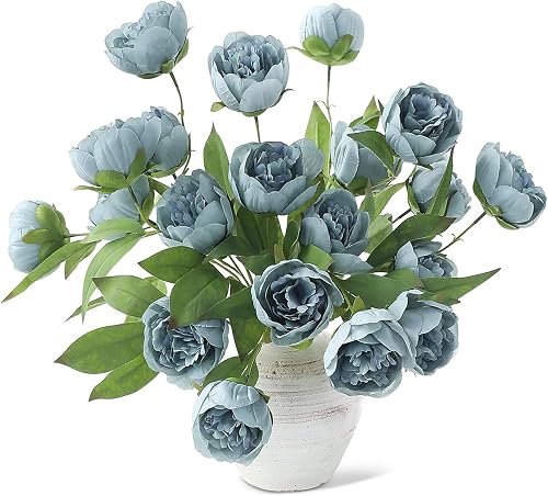 Floroom 6 Pcs Dusty Blue Faux Silk Peony Artificial Flowers, 27" Long Stem Peonies Bulk, Fake Flower Branches for Vases DIY Wedding Bouquet Centerpieces Floral Arrangements Fillers Home Decor