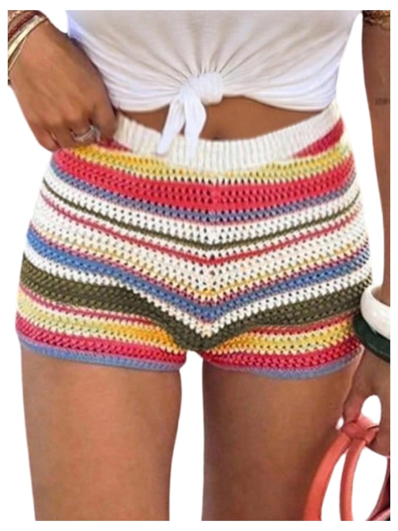 Floerns Womens Striped Knitted Sweater Shorts Vacation Elastic Waist Short Pants