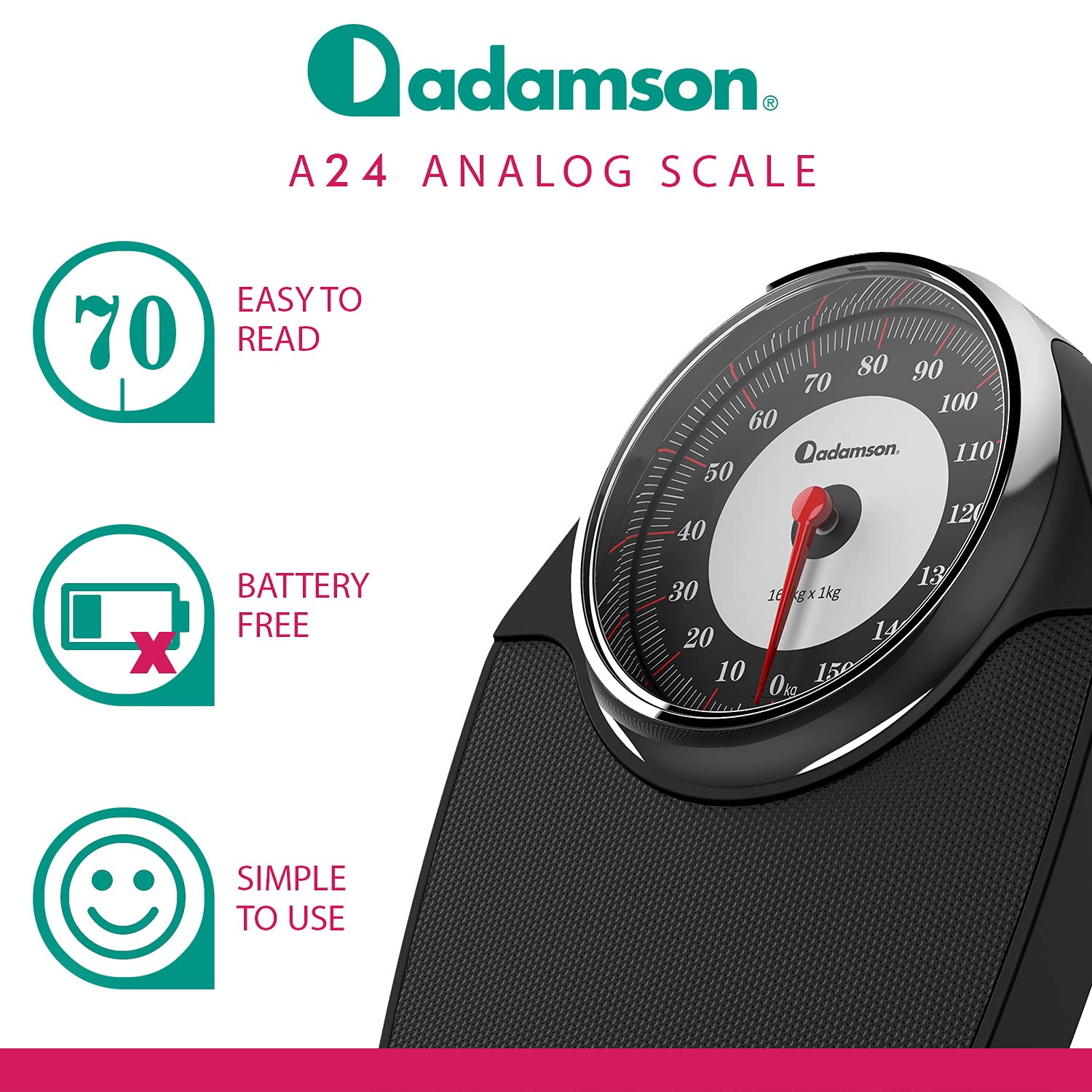 Adamson A24 Analog Scale do 160 kg, powierzchnia gumowa bez ślizgu, dodatkowe duże cyfry, wysokie rozdzielone łuski pasażerskie analogowe, 20 lat wsparcia dla gospodarstwa domowego - Nowa wersja