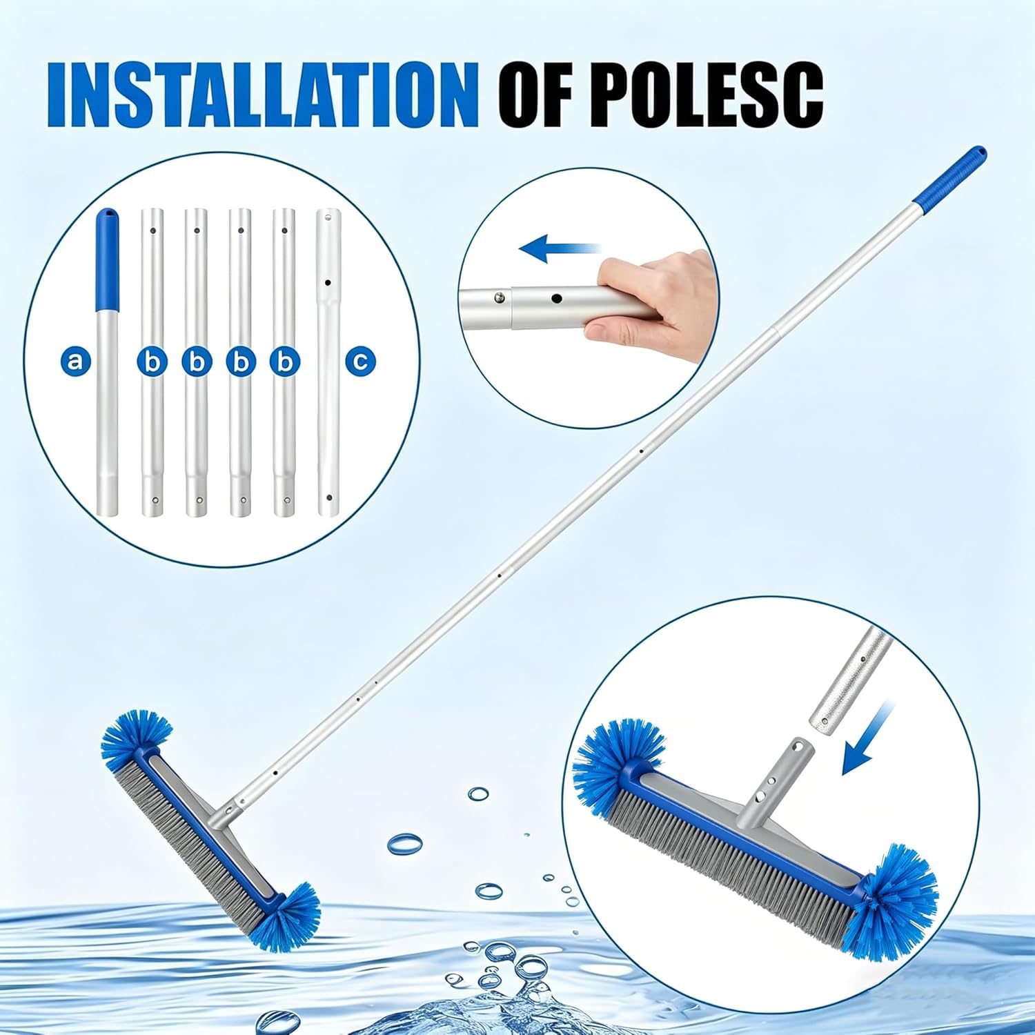 Spazzola per piscina con asta telescopica, set per la pulizia della piscina,scoparotondaconsetoleemisfericheperparetiefondodellapiscina, scaletta e gradini per piscina (asta telescopica staccabile)