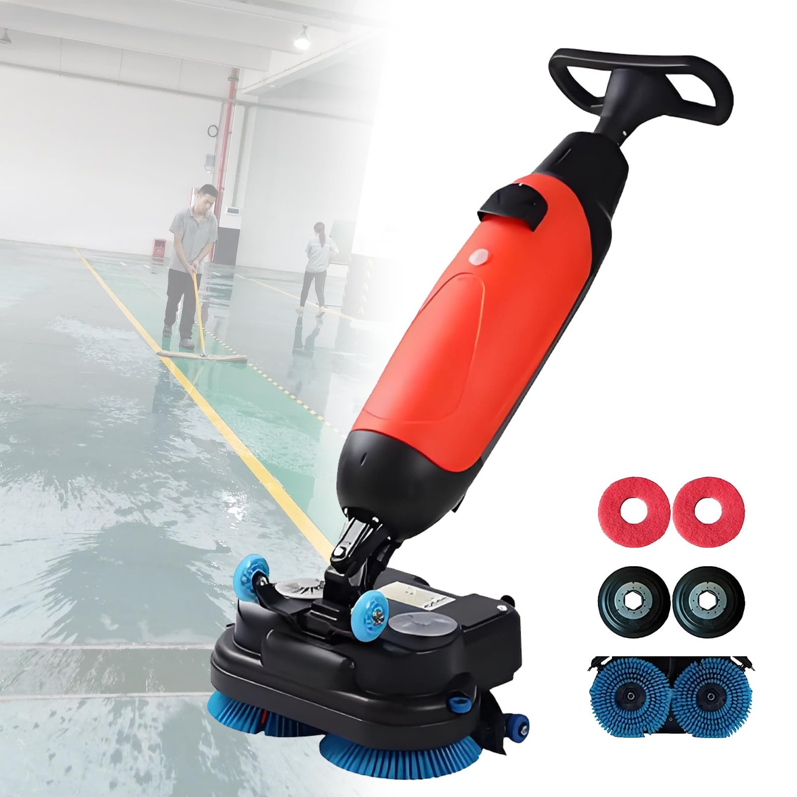 Lavasciuga Pavimenti Professionale da 17", Pulitrice Elettrica Leggera, Copertura 10.764 piedi²/h, Testa Rotante a 360°, Doppio Serbatoio da 4,5L + 7,5L, per Piastrelle e Pavimenti Sigillati. Red