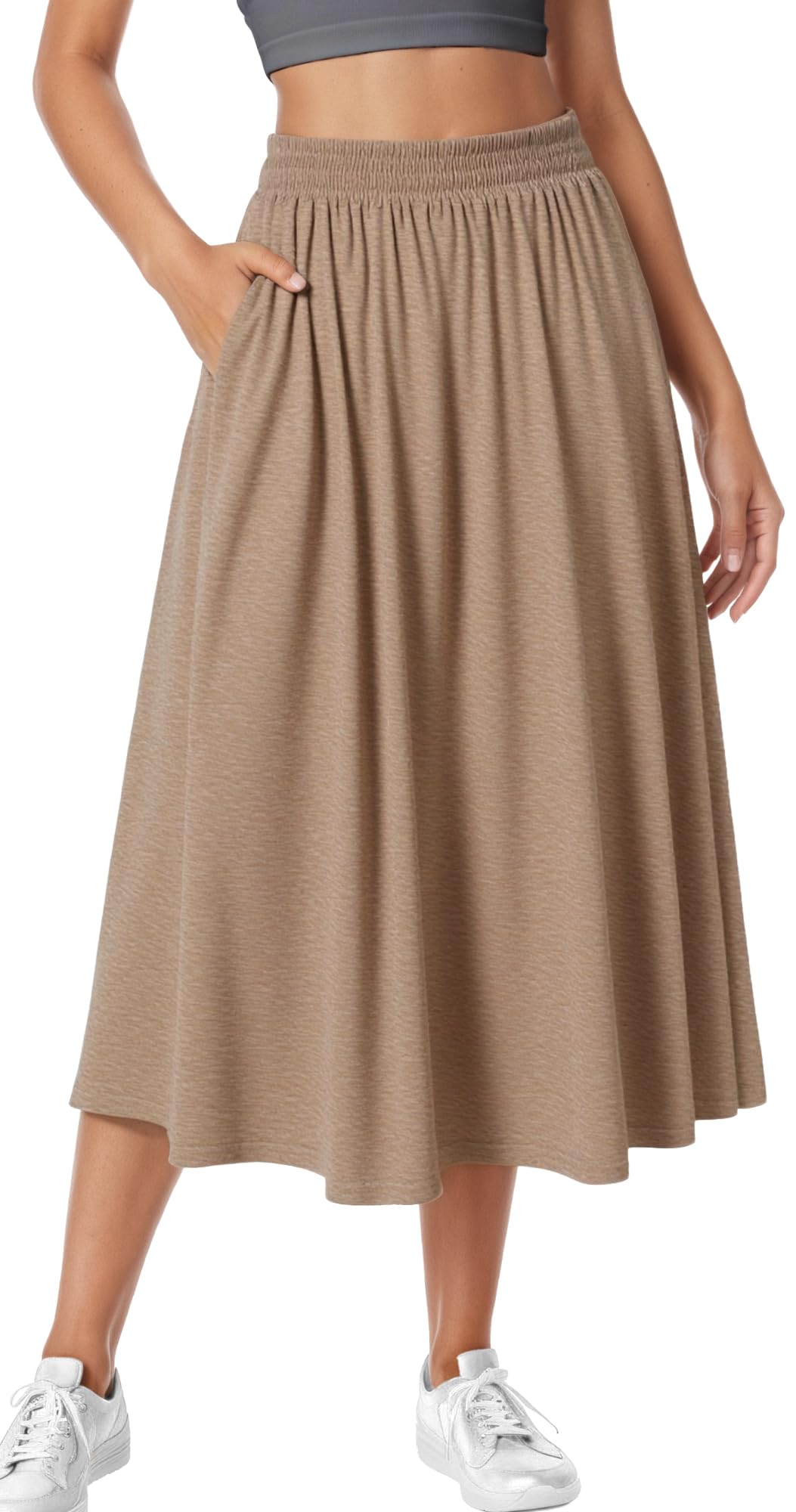 Elegancka spódnica damska, wysoka talia, spódnica midi, jednokolorowa, z kieszeniami, luźna spódnica o linii A, długa, elastyczna talia, plisowana spódnica