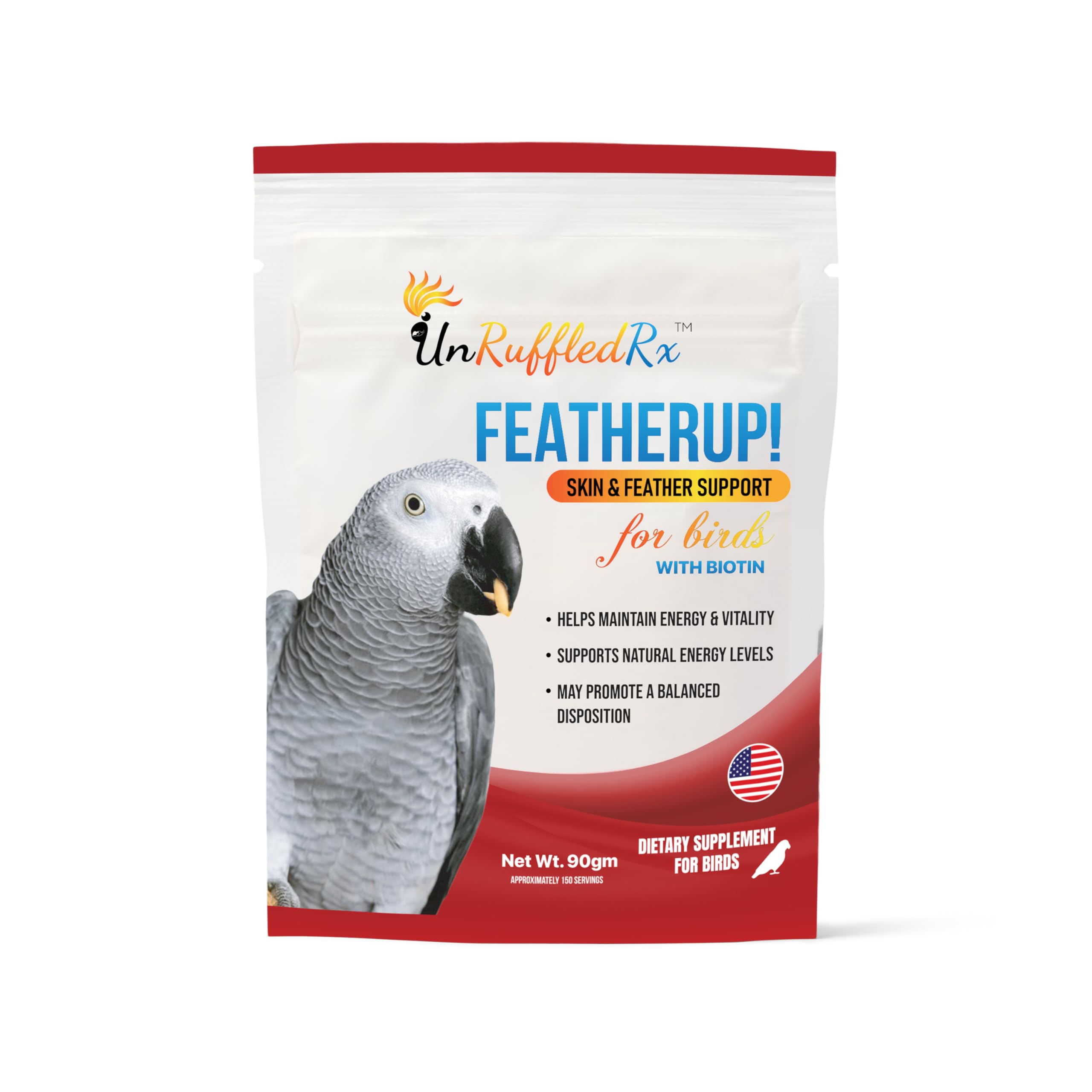 UnRuffledRx FeatherUp! Bird Multivitamin with Biotin for Beautiful Plumage - 90 gm - 240 Servings