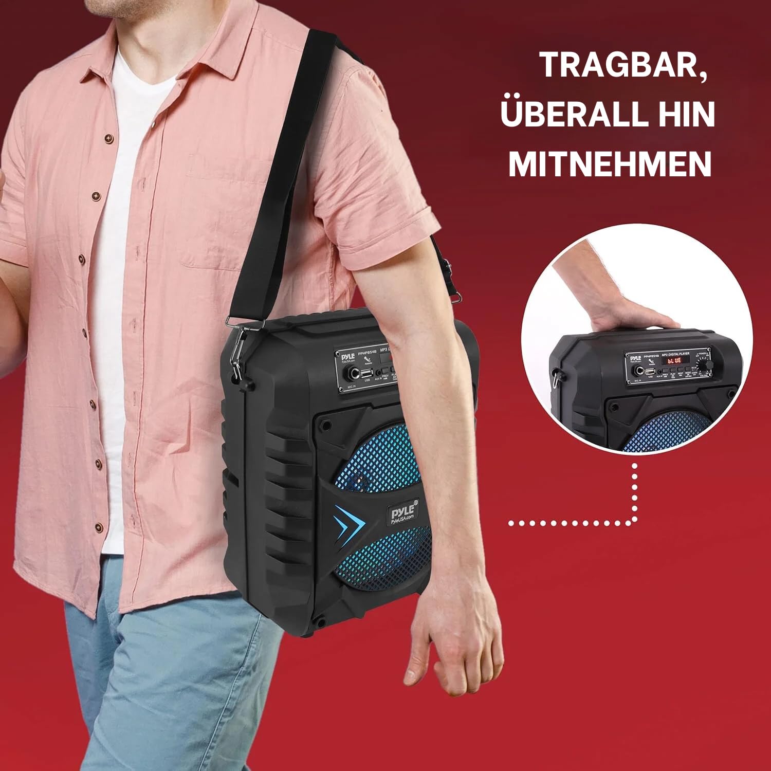 Pyle Partybox - Bluetooth Lautsprecher Groß, PA Anlage, Musikbox, Karaoke Box, 300W, 8" Subwoofer, Tragbare Musikboxen mit wiederaufladbarem Akku, Bluetooth Box mit Party Lichtern, MP3/USB, FM Radio