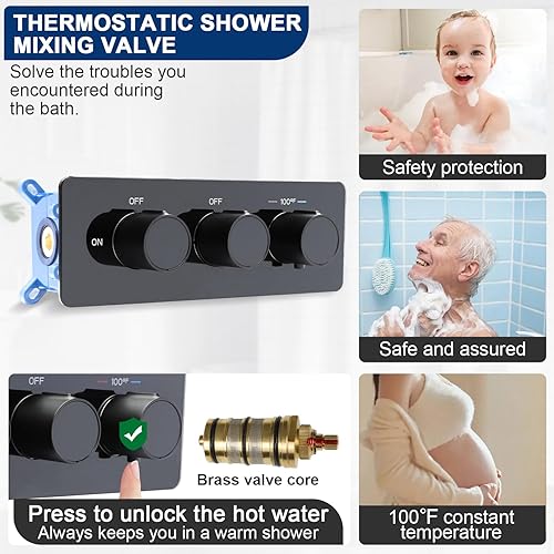 Miniatura 5 de Sistema de ducha negro de 12 pulgadas de montaje en techo de doble función con ducha de lluvia superior, kit de válvula mezcladora termostática y