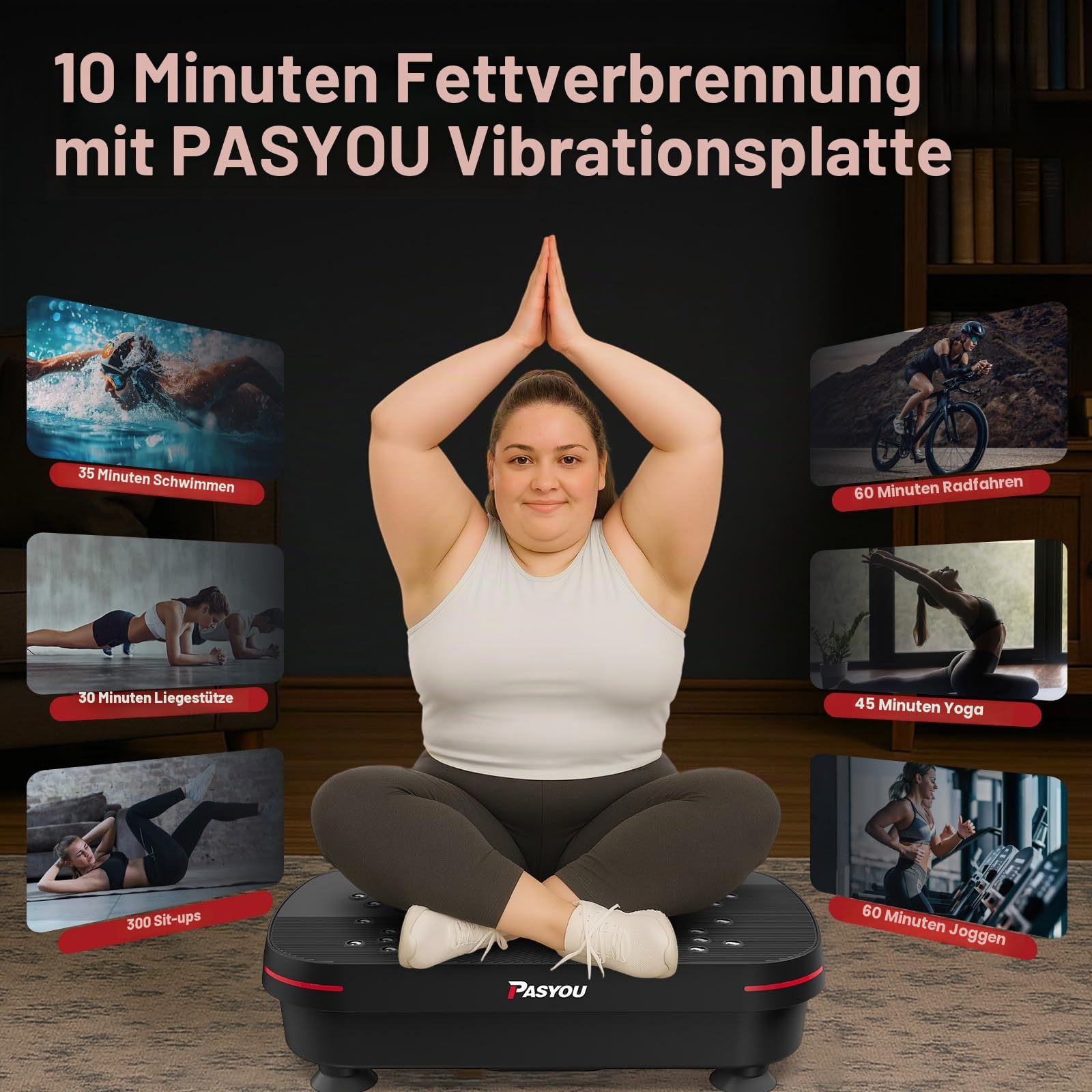 PASYOU Vibrationsplatte, Vibration Plate Leise und Kompakte für Abnehmen, Ganzkörpertraining, Muskelaufbau, Rüttelplatte Sport für Zuhause 99 Intensitätsstufen mit Widerstandsbändern