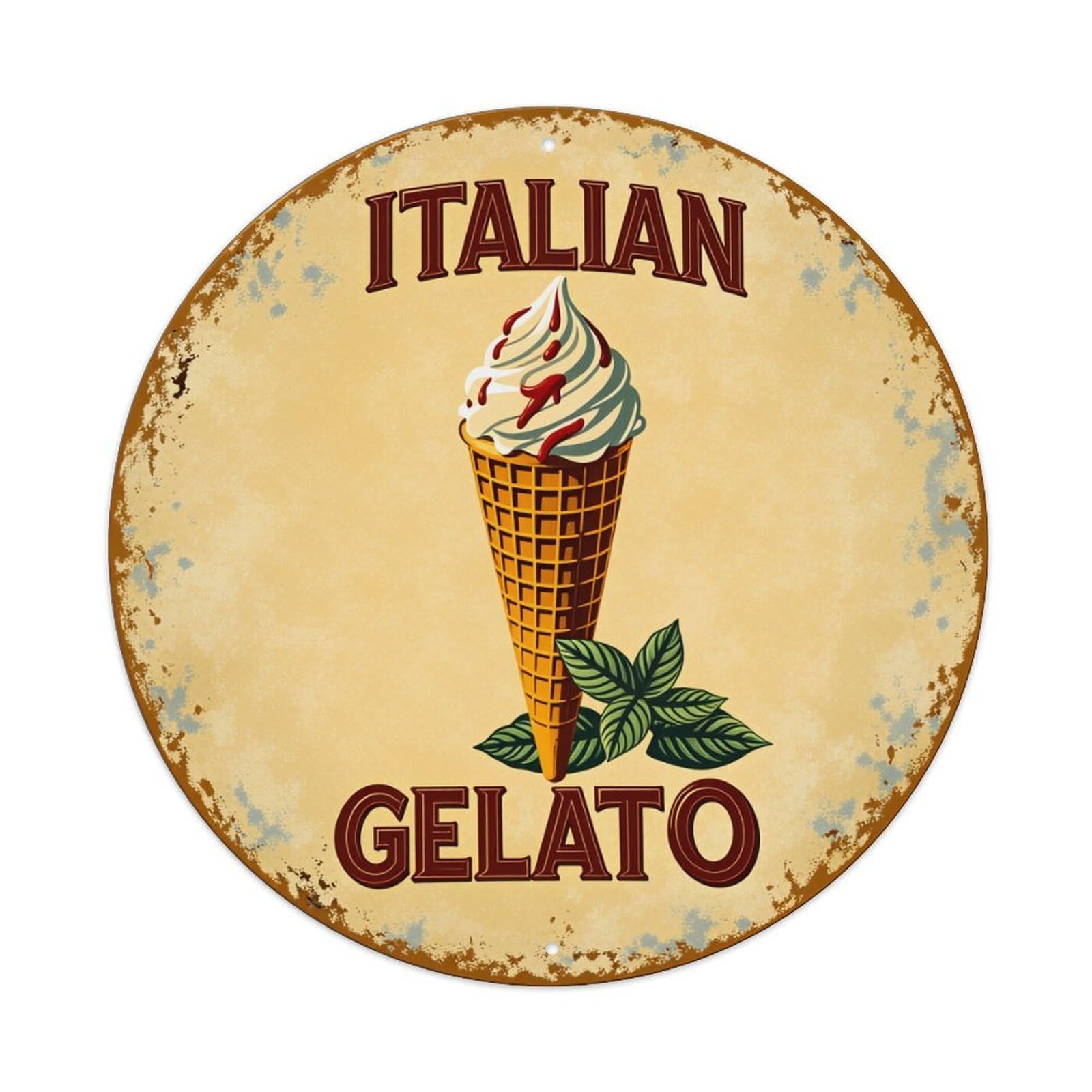 Italian Gelato Cone Mint Leaves Metal Tin Sign Vintage Garden Bedroom Cafe Bar Man Cave Home Wall Decor Metal Poster 8x8 inches