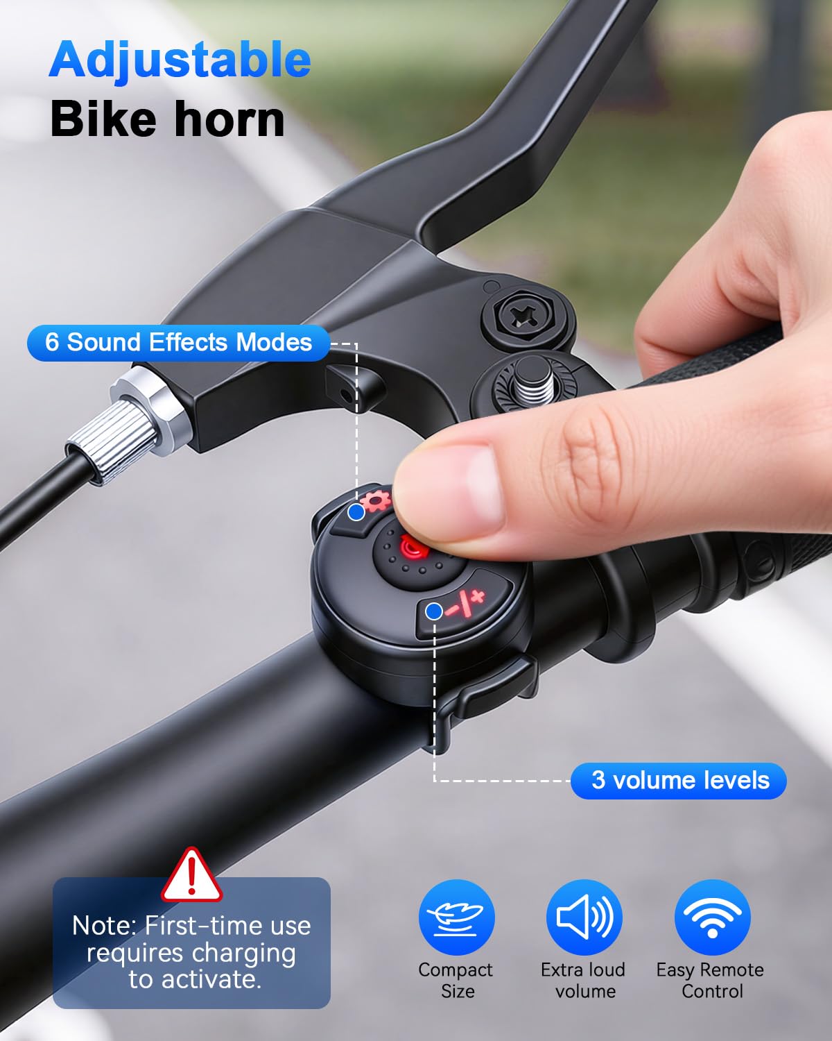 Klaxon de vélo – Télécommande sans fil, klaxon de vélo électrique puissant de 120 dB, sonnette de vélo pour 6 modes sonores, étanchéité IPX5, chargement de type C, klaxons de vélo pour adultes