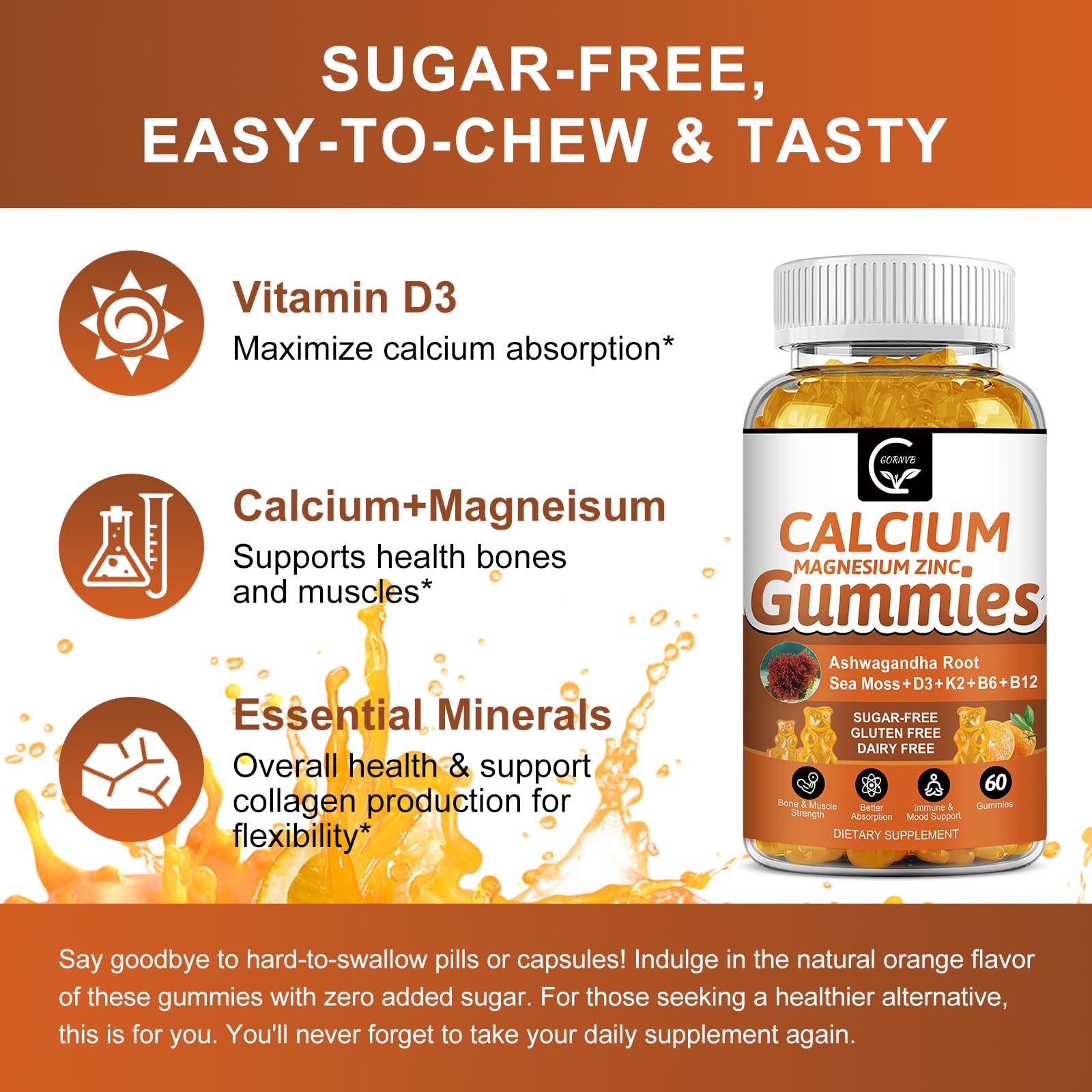 1200mg Calcium Gummies with Vitamin D3,K2,B12 & B6 - Plant Complex Calcium Magnesium Supplement with Glycinate,Potassium,Sea Moss,Ashwagandha Root for Bone & Teeth Strength, Muscle & Immune-2 Pack — Amazon image 6