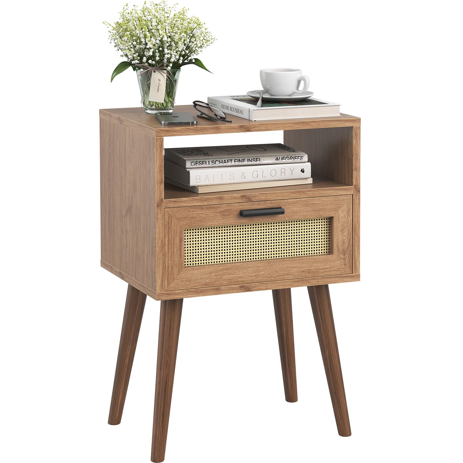 Soohow Nightstand with Drawer, Rattan Nightstands Bedside Table Modern Night Stands with Sturdy Wood Frame, Wood Side Table with Drawer, Nightstand for Bedroom, Small Night Stand
