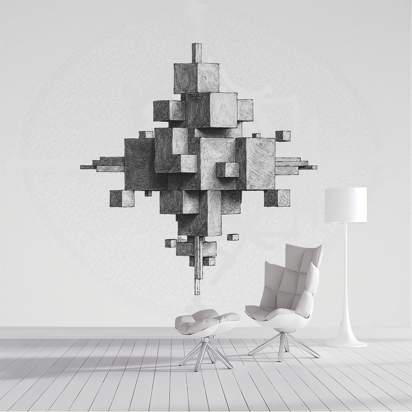 Papier peint panoramique gris pour agrandir un salon avec une décoration de cubes géométriques