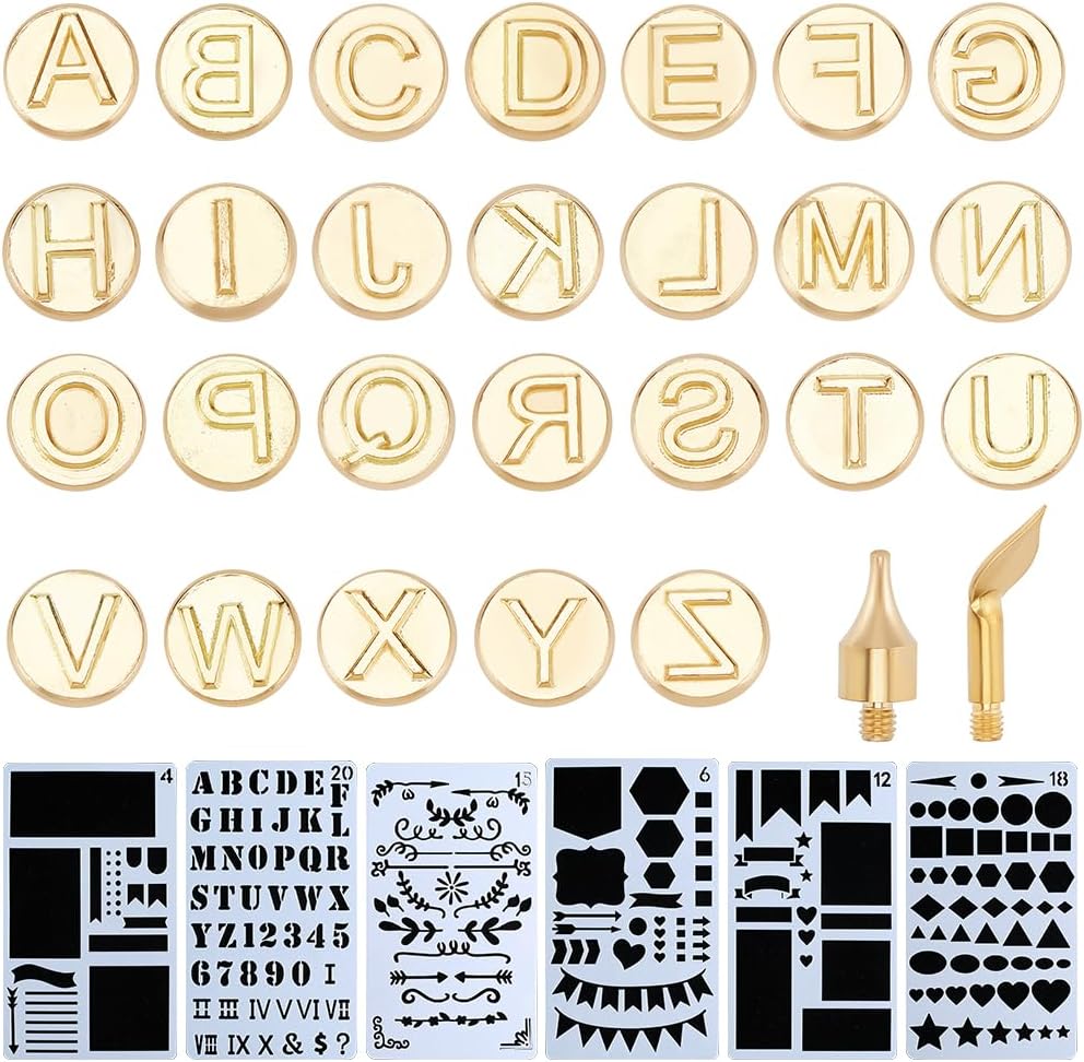 GORGECRAFT 28PCS Wood Burning Tips Set Matte Gold Letters Uppercase Alphabet Branding Hollow Hot Stamps Iron Tips 6PCS Drawing Stencil Template for DIY Embossing Tools Carving Craft