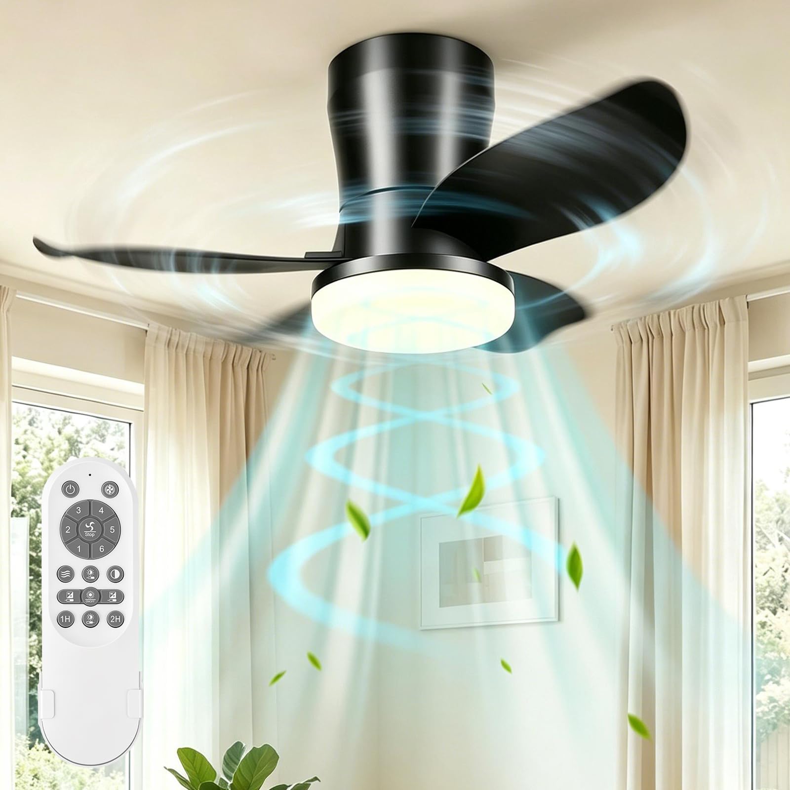Ventilador De Techo Modernos De 26 Pulgadas, Ventilador De Techo Con Luz Led Y Control Remoto, Lampara Ventilador Silencioso De 3 Aspas Para Interior/exterior Con 3cct 6 Velocidades (Negro)