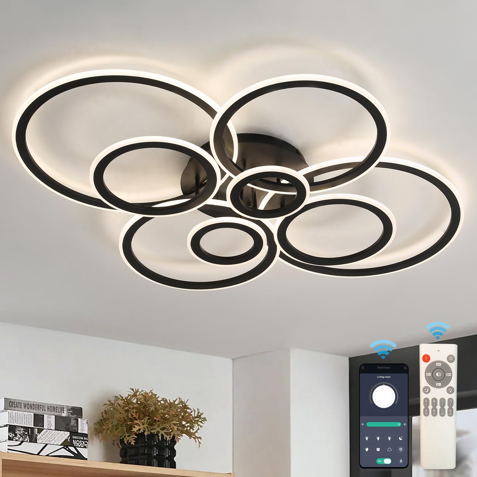 YFouCnd I Modern LED Ceiling Light with Remote, 3000-6000K Dimmable Flush Mount Ceiling Lighting Black 8 Rings Round Chandelier Ceiling Lamp Fixture for Bedroom Living Room Dining Room