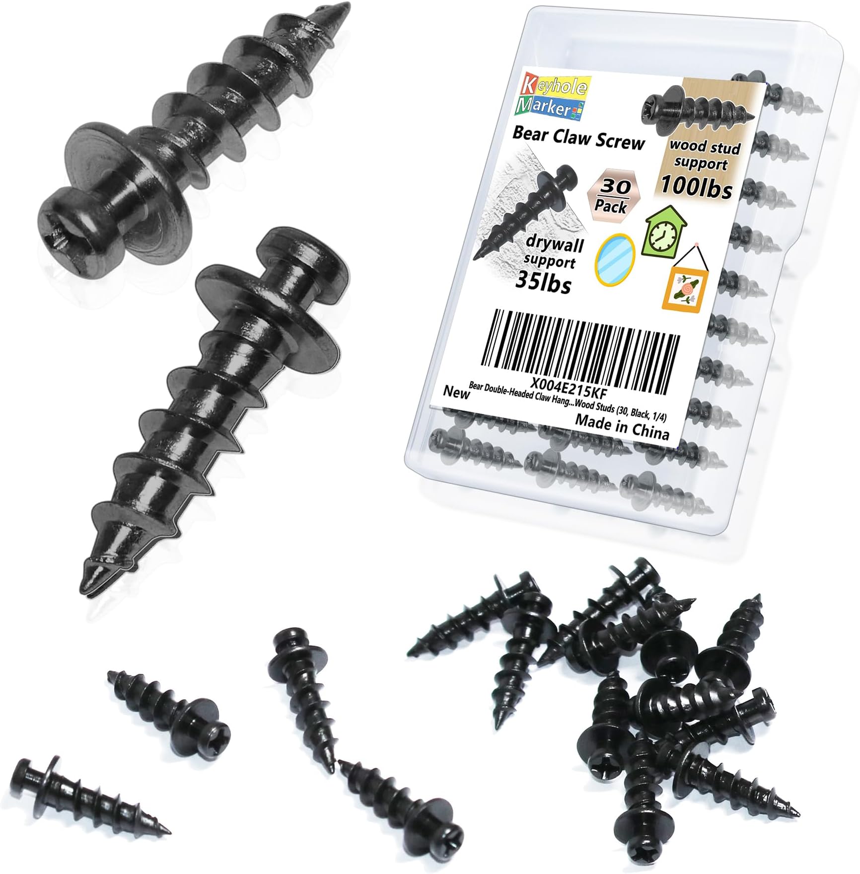 Bear Double Headed Claw Hanger Screws - Ideal for Picture Frames,Mirror,Art,Decor Hanging, for D-Rings, Sawtooth, Wire and Keyholes, Black