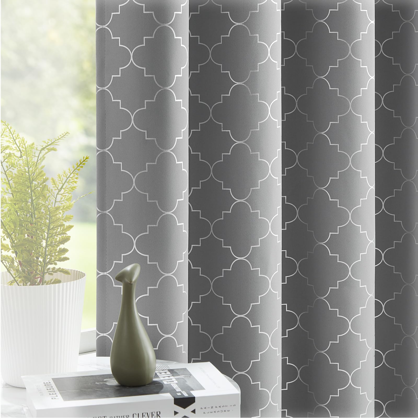 Enactex 100% Full Blackout Curtains Thermal Insulated Drapes 95 Inch Long for Bedroom, Grey Drapery with Silver Geometric Pattern Room Darkening