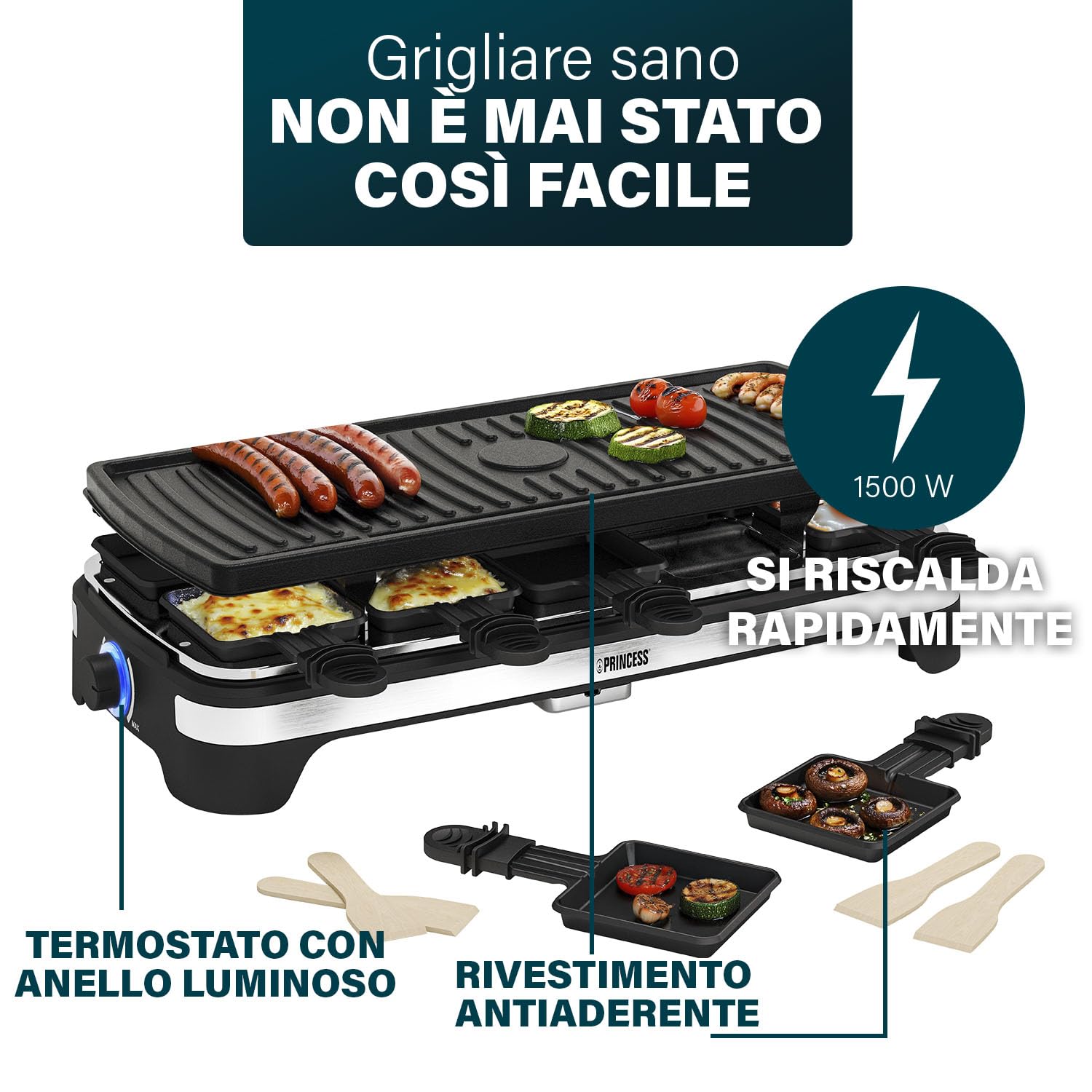 Princess Multifunctional Raclette XXL 162650 - Grill e raclette - termostato regolabile - superficie grill 49 x 21 cm - rivestimento antiaderente - 1500 watt - per un massimo di 10 persone