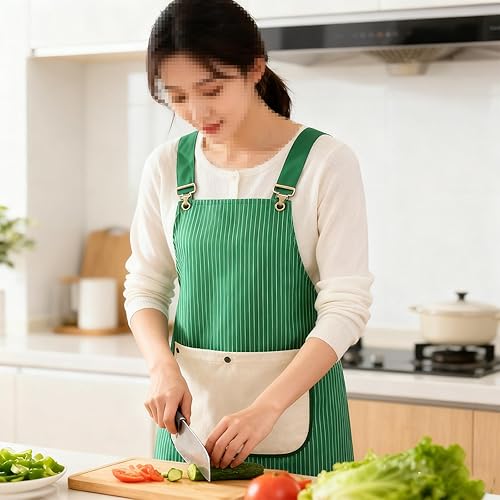 Miniatura 3 de Green Stripe Cross Back Apron with Pocket for Cooking - Adjustable H-Back Strap Bib Apron for Men Women Water-Resistant Kitchen Baking Art Painting