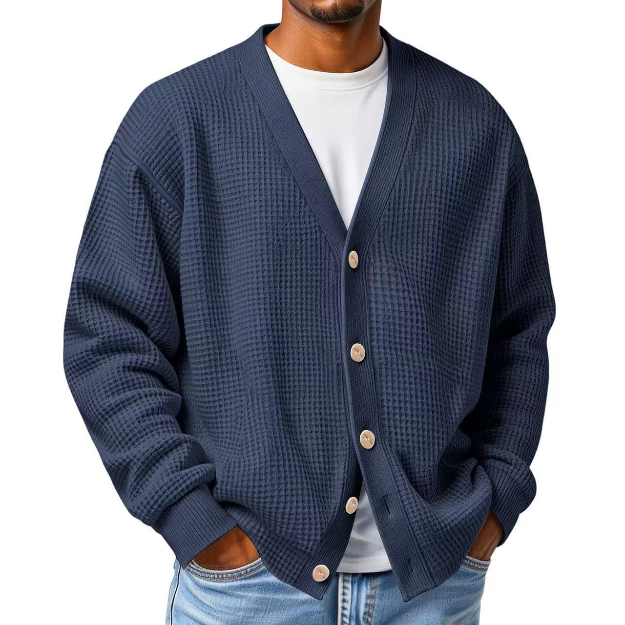 Cardigan à manches longues pour homme, col en V boutonné en tricot gaufré, cardigan gaufré pour homme