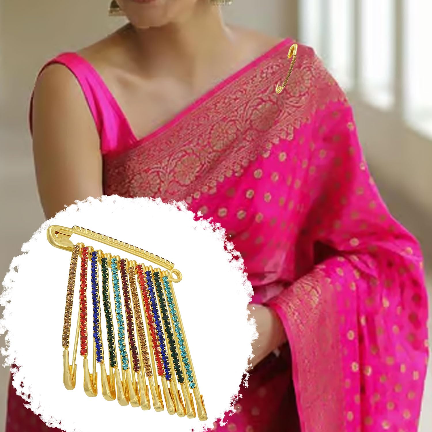 VAMA FASHIONS Rhinestone Multicolored Brooch Set Stone Safety Saree Pins Brooches Sweater Shawl Clips Faux Crystal Shiny Pin Clothing Dress Skirt Dressing Accessories for Womenss (Multicolor Safety Pins) 3